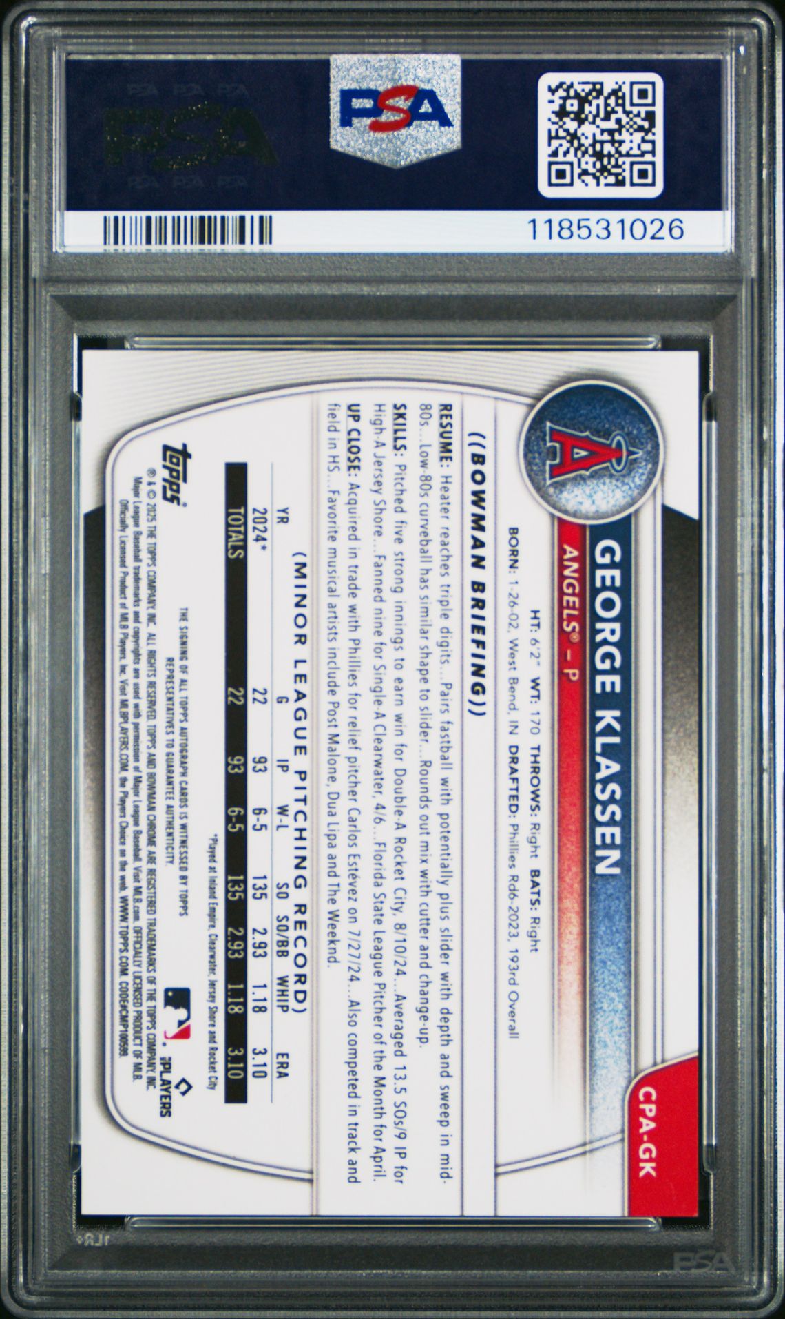 2025 Bowman Chrome Prospect Autographs George Klassen #Cpagk (Chrome Pros Au-Speckle Ref) Gem Mt 10 back view - PSA certificate #118531026