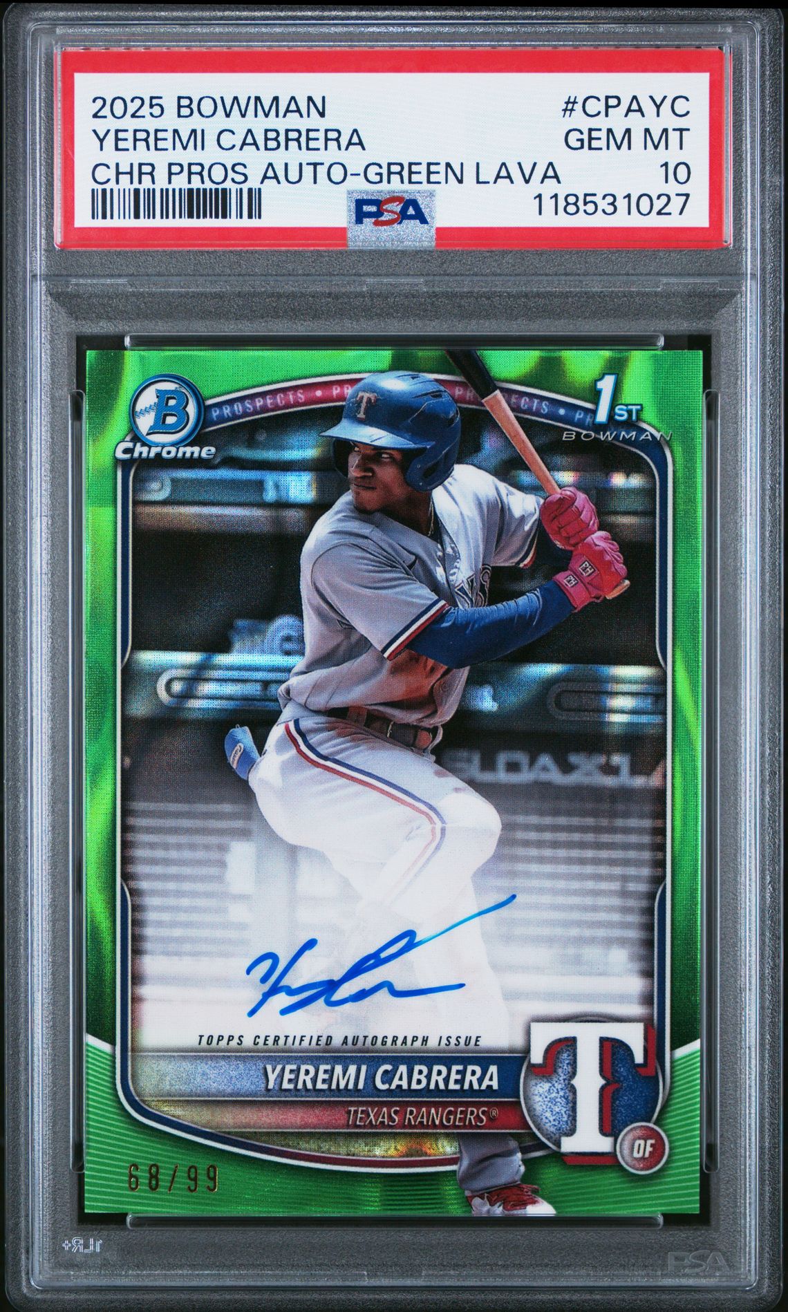 2025 Bowman Chrome Prospect Autographs Yeremi Cabrera #Cpayc (Chr Pros Auto-Green Lava) Gem Mt 10 front