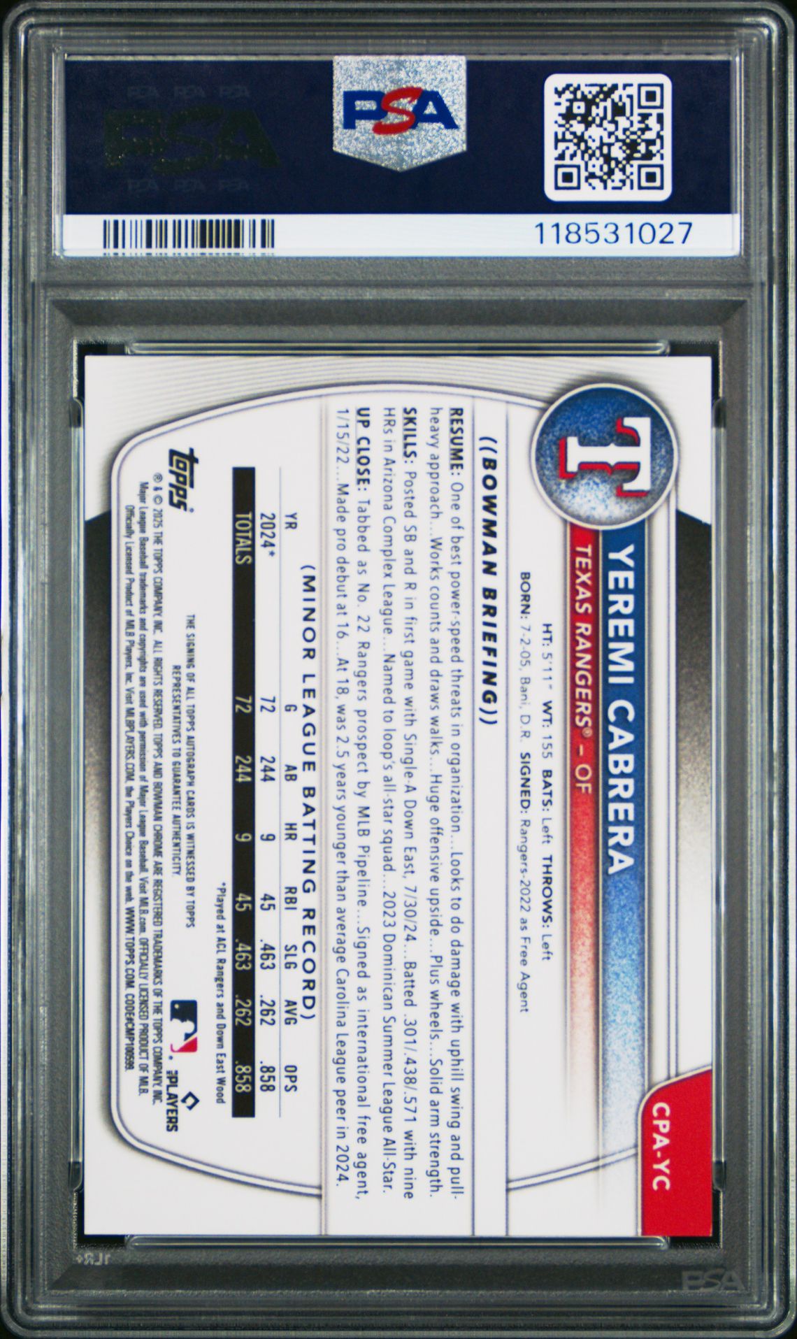 2025 Bowman Chrome Prospect Autographs Yeremi Cabrera #Cpayc (Chr Pros Auto-Green Lava) Gem Mt 10 back