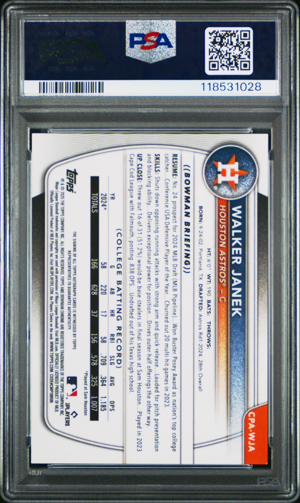 2025 Bowman Chrome Prospect Autographs Walker Janek #Cpawja Gem Mt 10 back