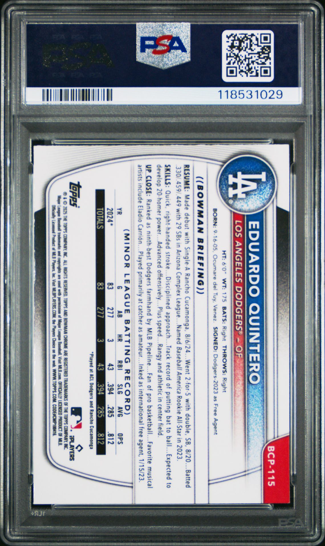 2025 Bowman Chrome Prospects Eduardo Quintero #Bcp115 (Chrome Pros-Reptilian Ref) Gem Mt 10 back