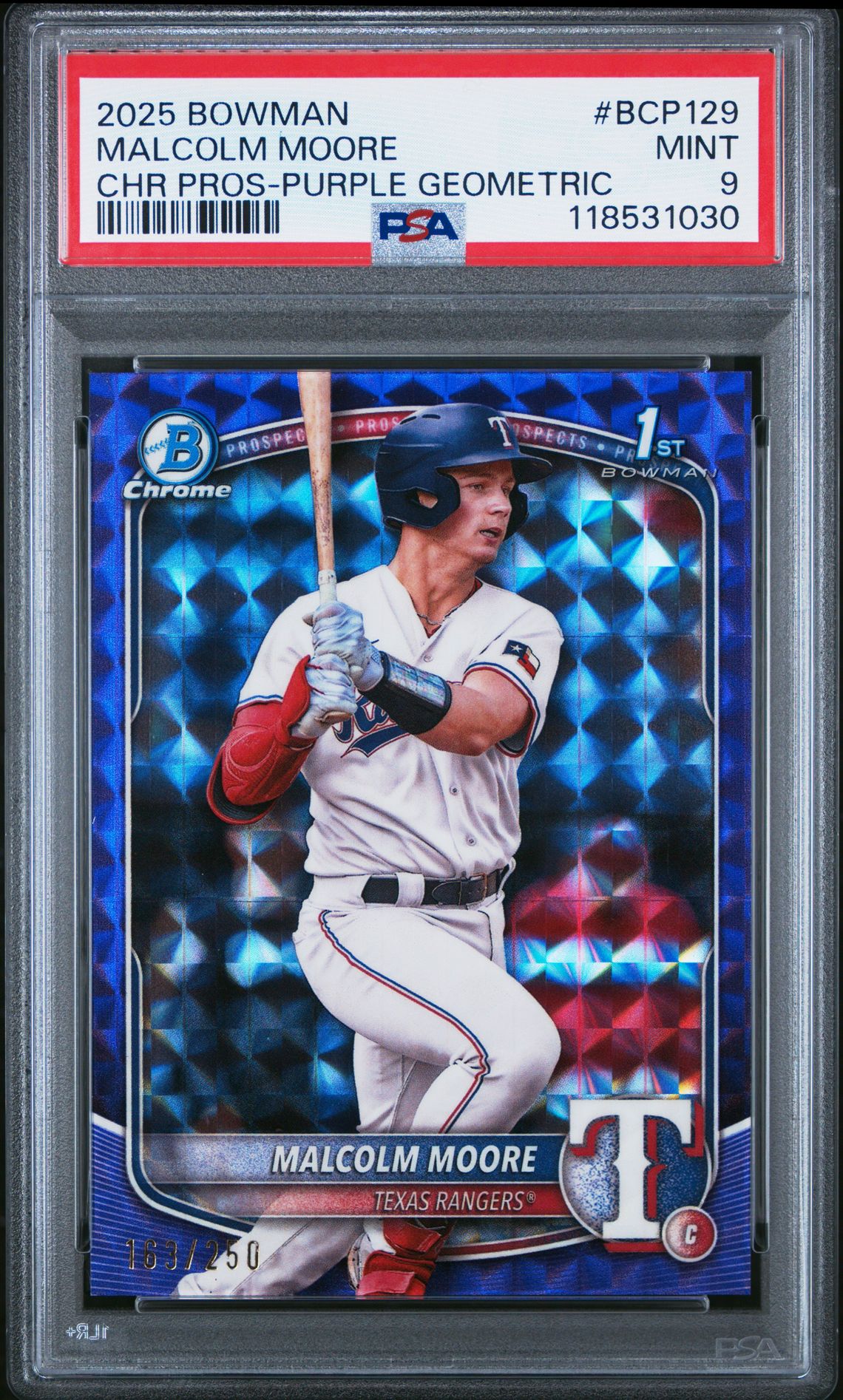 2025 Bowman Chrome Prospects Malcolm Moore #Bcp129 (Chr Pros-Purple Geometric) Mint 9 front