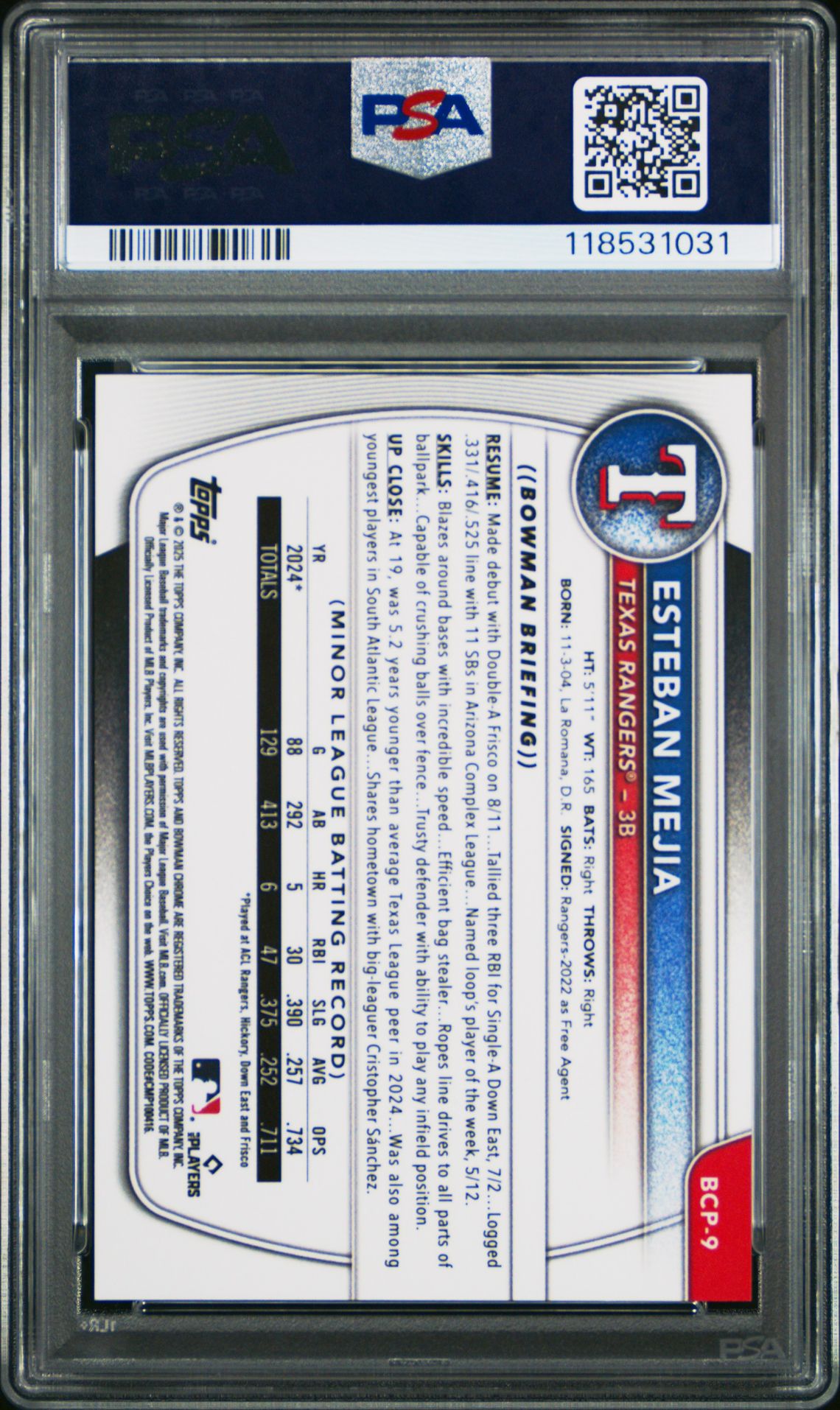 2025 Bowman Chrome Prospects Esteban Mejia #Bcp9 (Chrome Pros-Gold Geometric) Mint 9 back