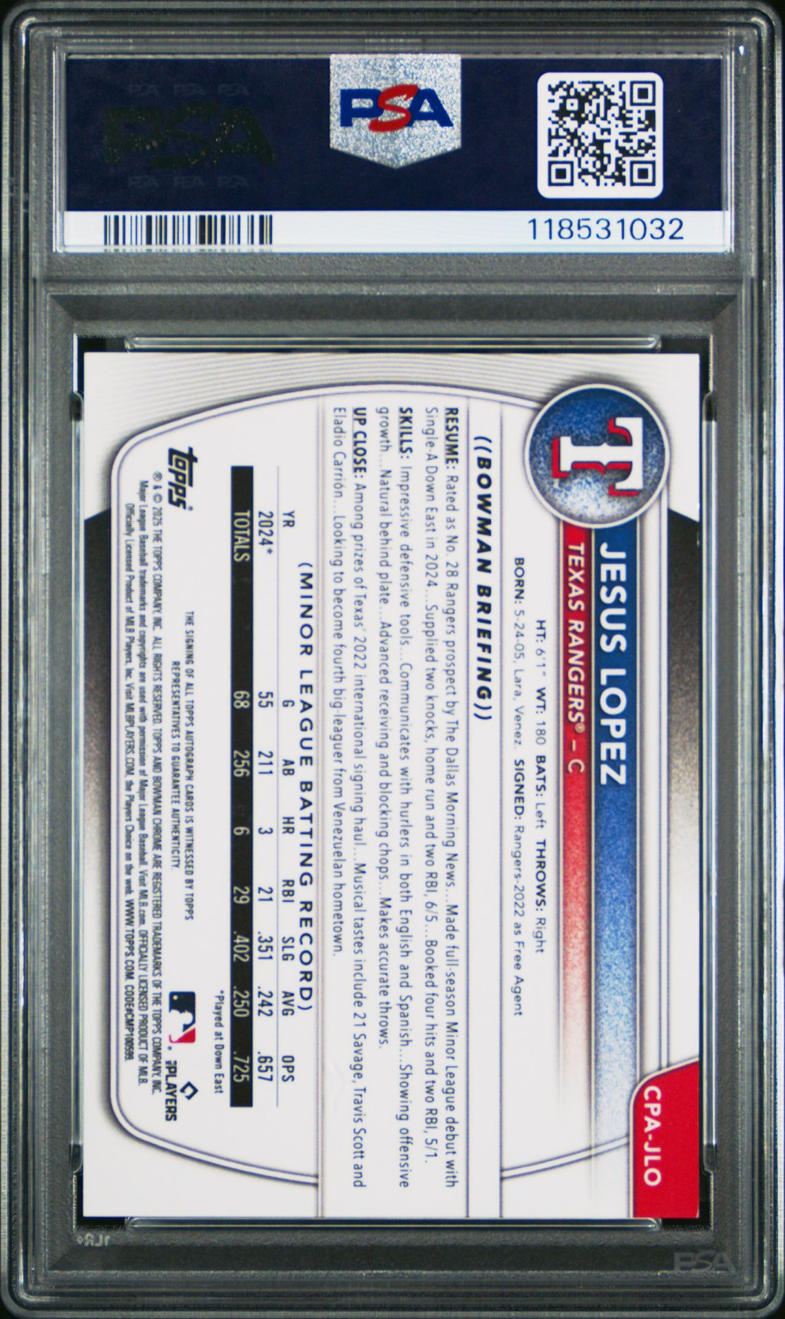 2025 Bowman Chrome Prospect Autographs Jesus Lopez #Cpajlo (Chr Pros Auto-Green Lava) Mint 9 back