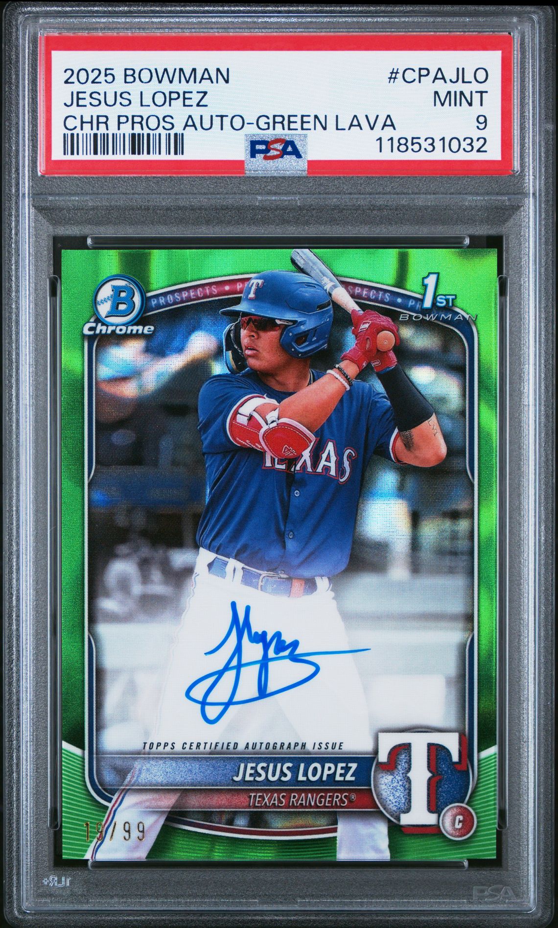 2025 Bowman Chrome Prospect Autographs Jesus Lopez #Cpajlo (Chr Pros Auto-Green Lava) Mint 9 front