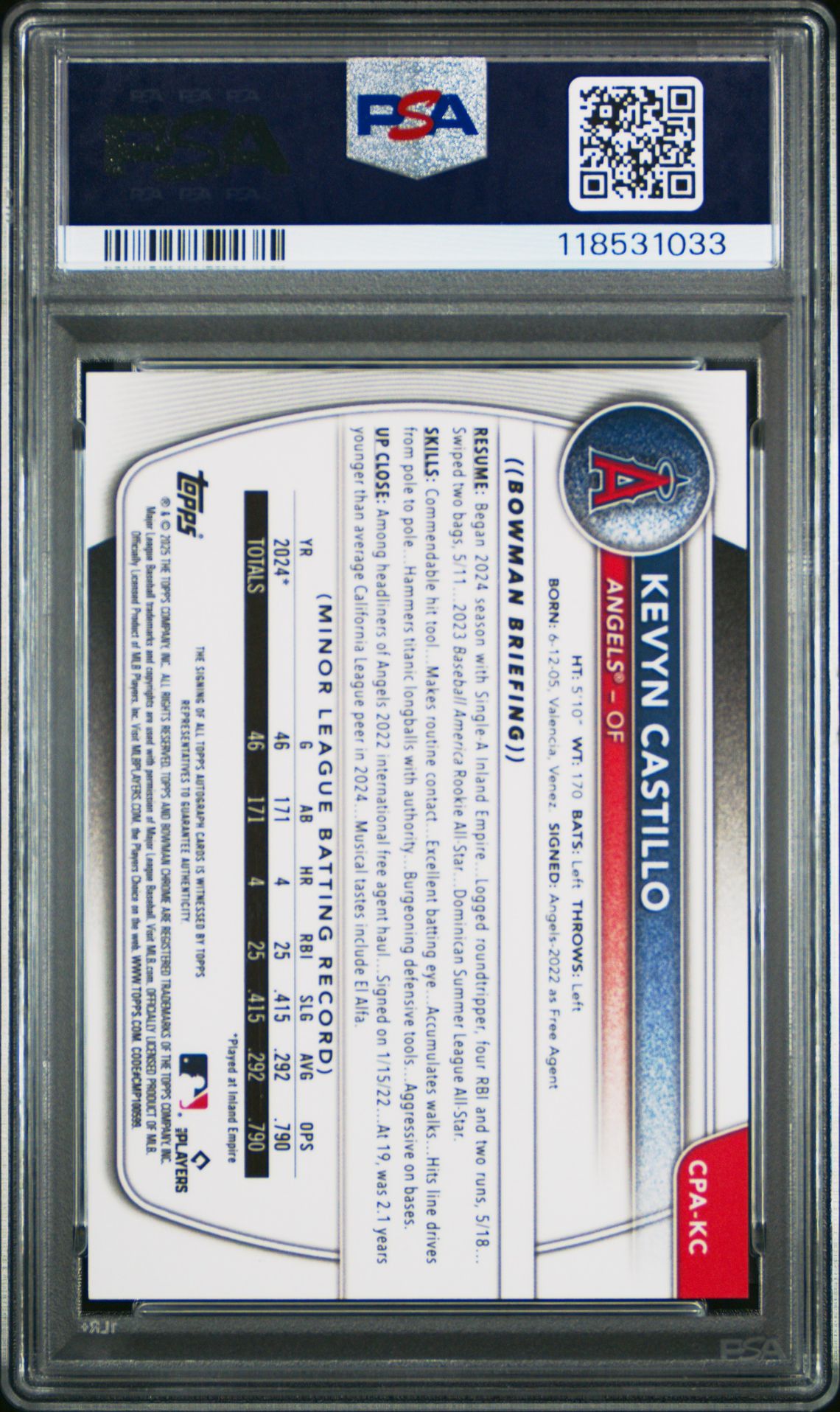 2025 Bowman Chrome Prospect Autographs Kevyn Castillo #Cpakc Gem Mt 10 back view - PSA certificate #118531033