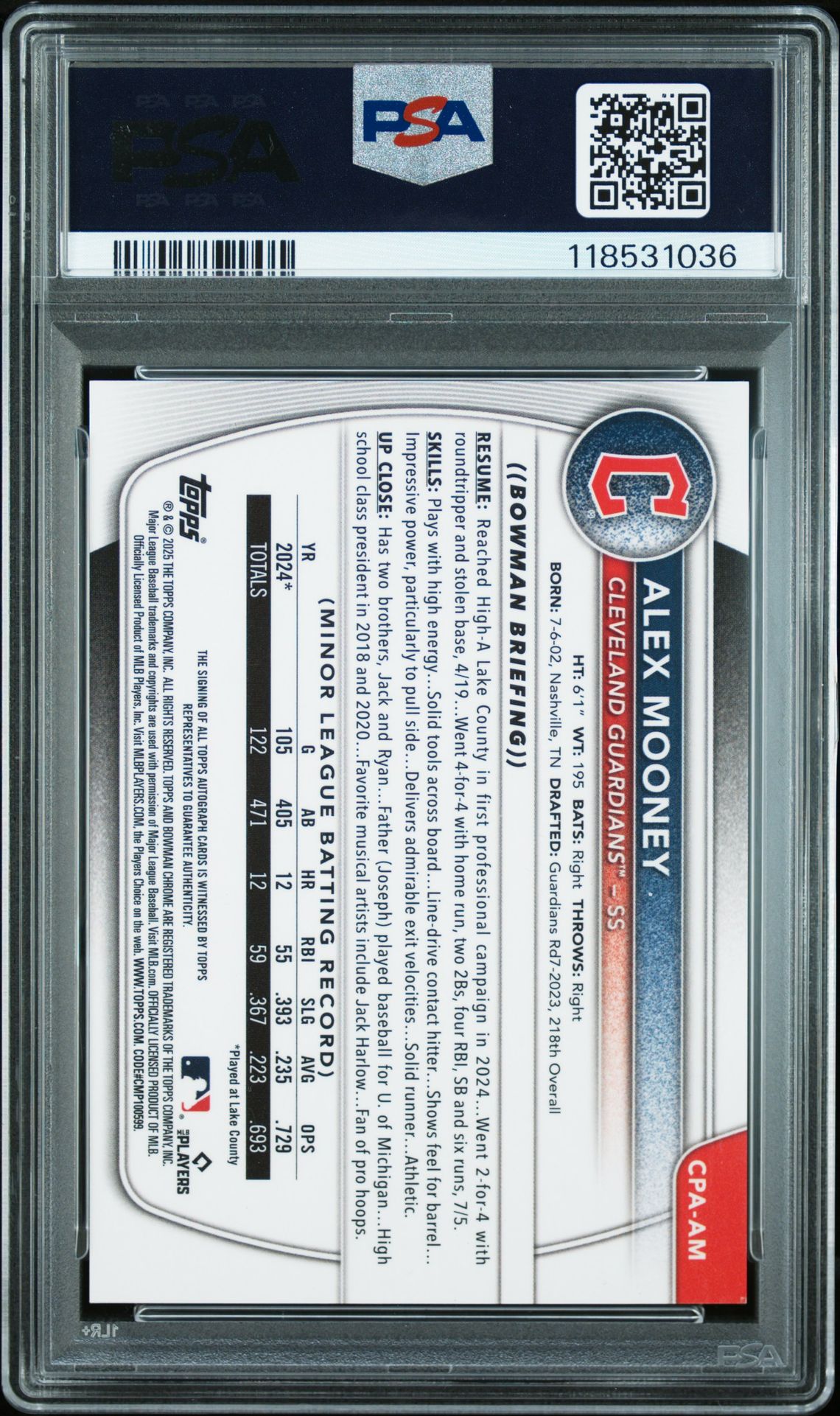 2025 Bowman Chrome Prospect Autographs Alex Mooney #Cpaam (Chr Prospect Auto-Blue Ref) Mint 9 back