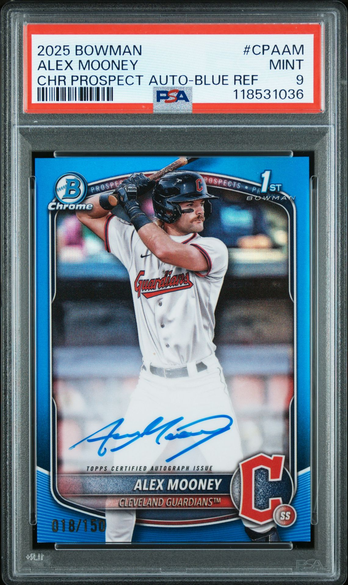 2025 Bowman Chrome Prospect Autographs Alex Mooney #Cpaam (Chr Prospect Auto-Blue Ref) Mint 9 front
