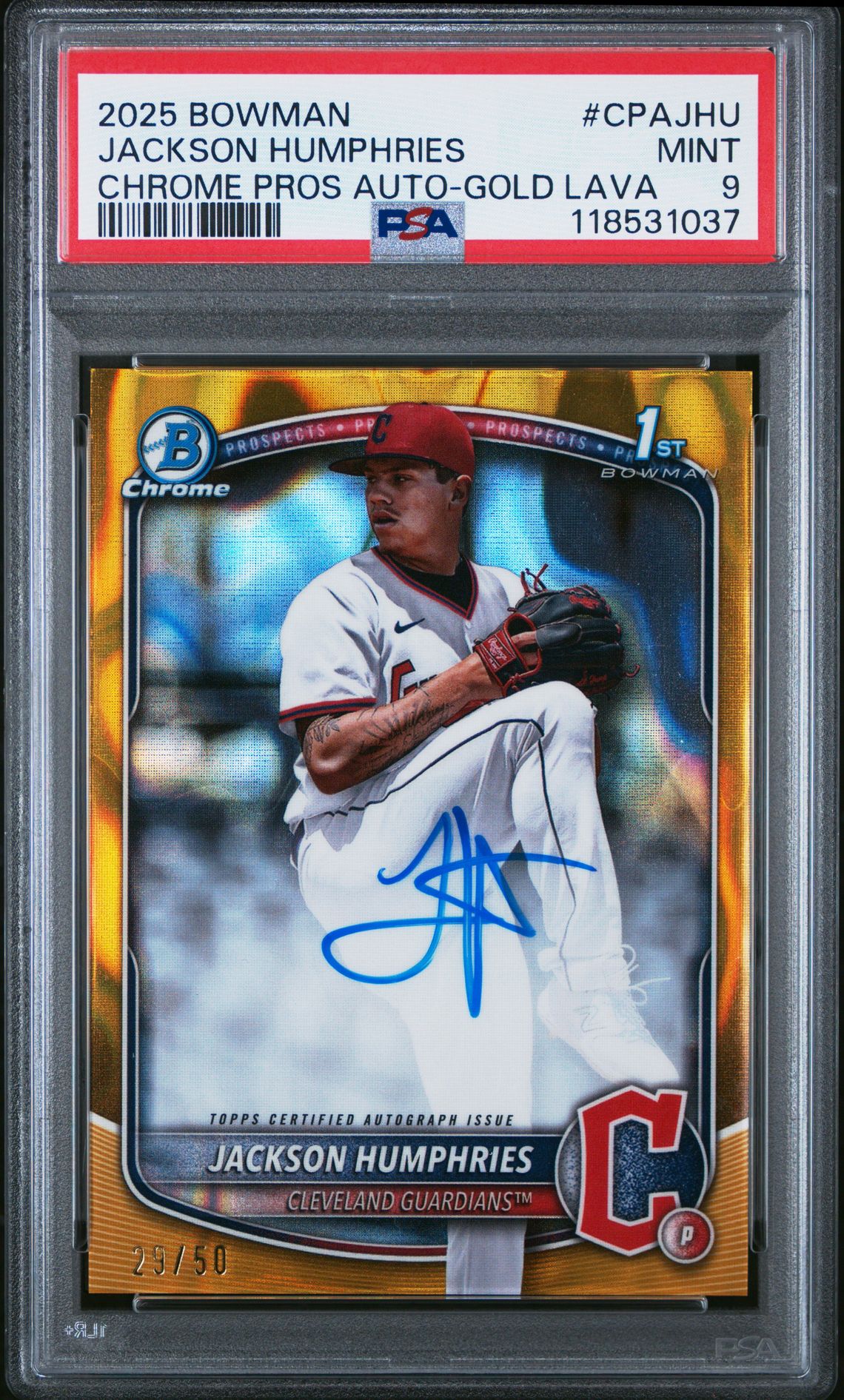 2025 Bowman Chrome Prospect Autographs Jackson Humphries #Cpajhu (Chrome Pros Auto-Gold Lava) Mint 9 front