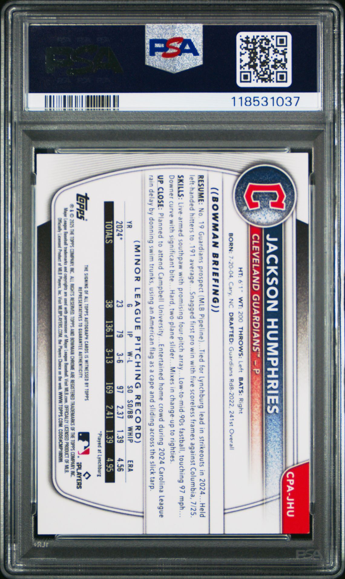 2025 Bowman Chrome Prospect Autographs Jackson Humphries #Cpajhu (Chrome Pros Auto-Gold Lava) Mint 9 back