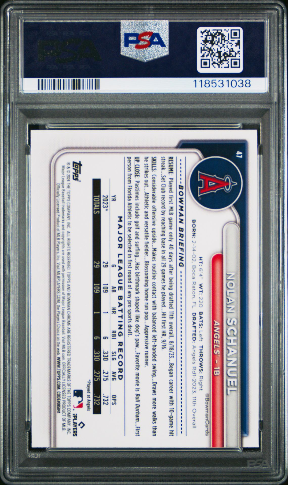 2024 Bowman Chrome Sapphire Edition Nolan Schanuel #47 (Orange) Gem Mt 10 back