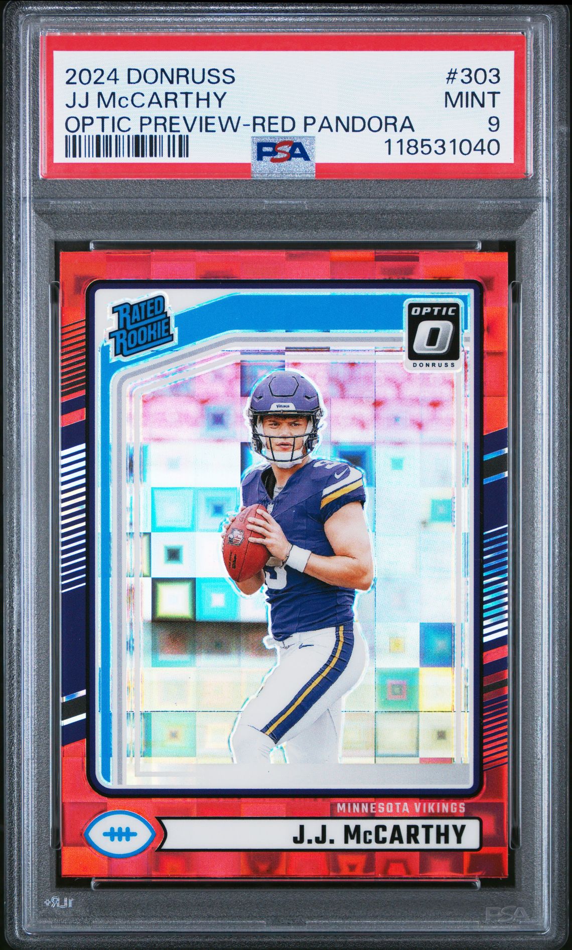 2024 Panini Donruss Jj Mccarthy #303 (Optic Preview-Red Pandora) Mint 9 front