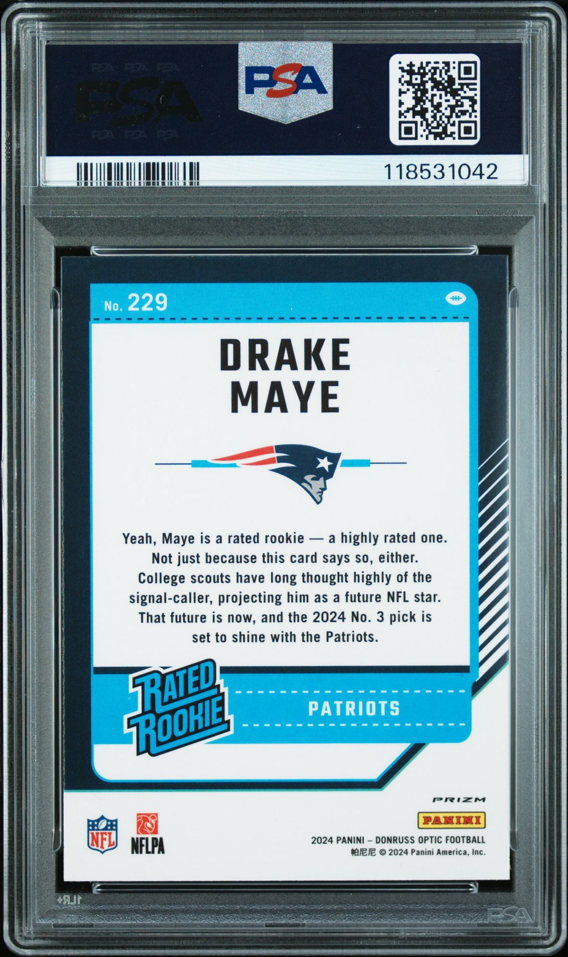 2024 Panini Donruss Optic Drake Maye #229 (Purple Shock) Mint 9 back