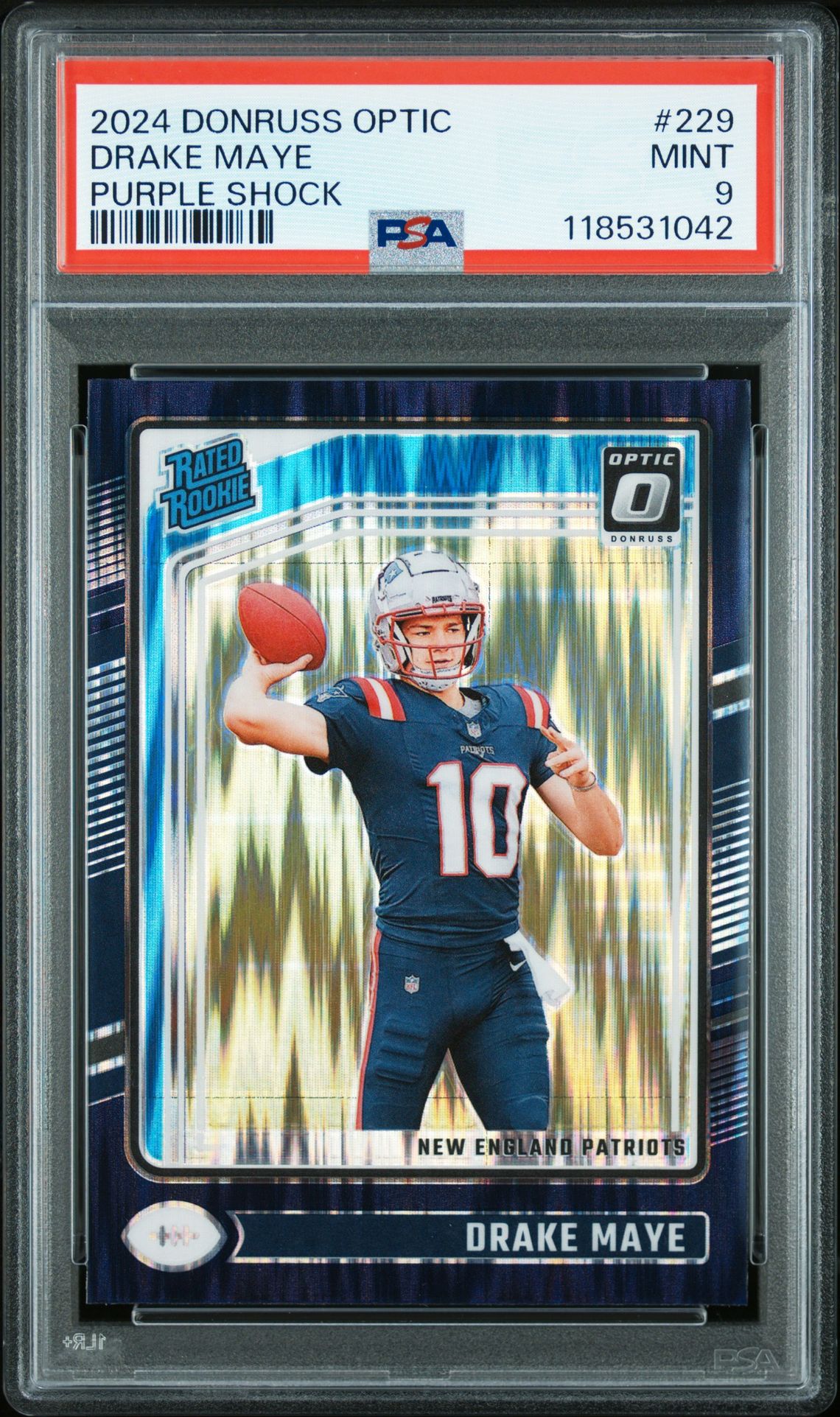 2024 Panini Donruss Optic Drake Maye #229 (Purple Shock) Mint 9 front