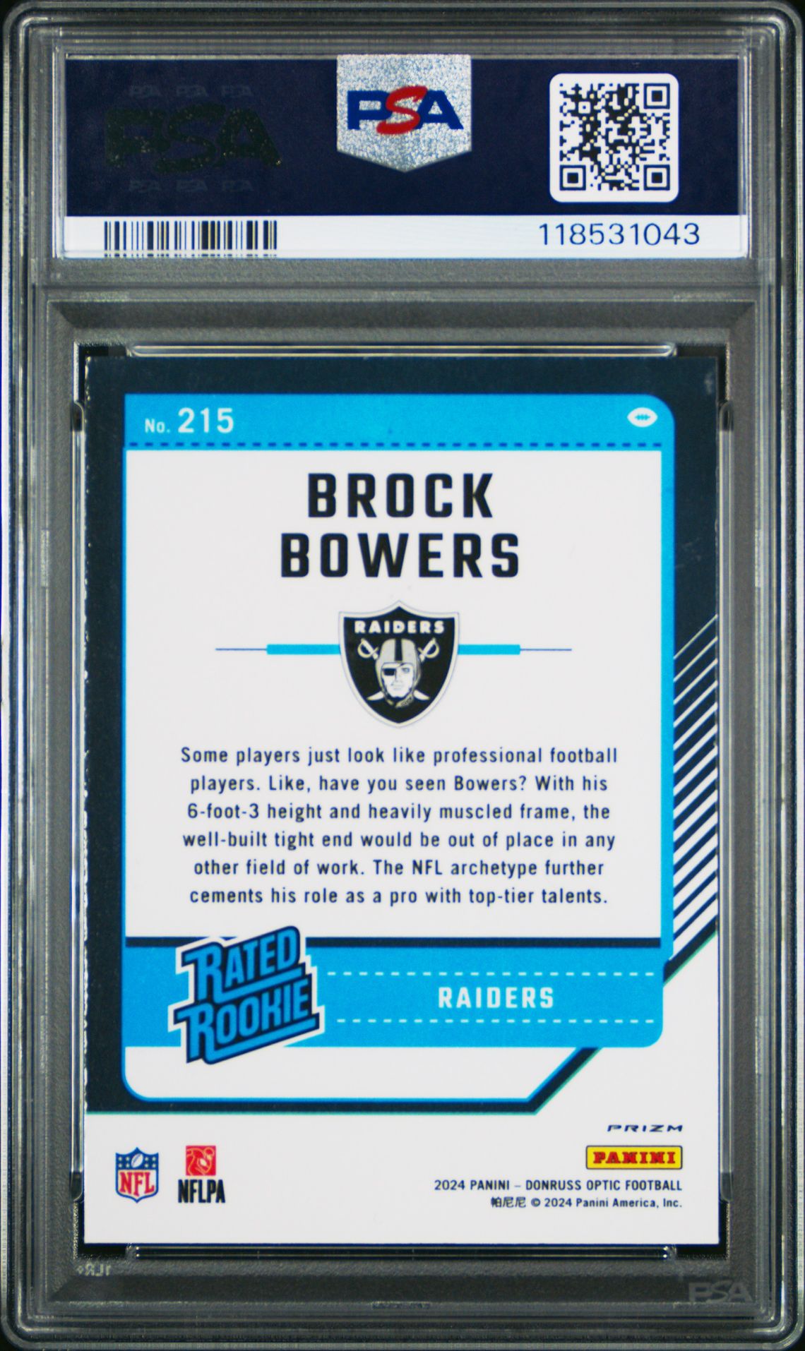 2024 Panini Donruss Optic Brock Bowers #215 (Purple Shock) Mint 9 back