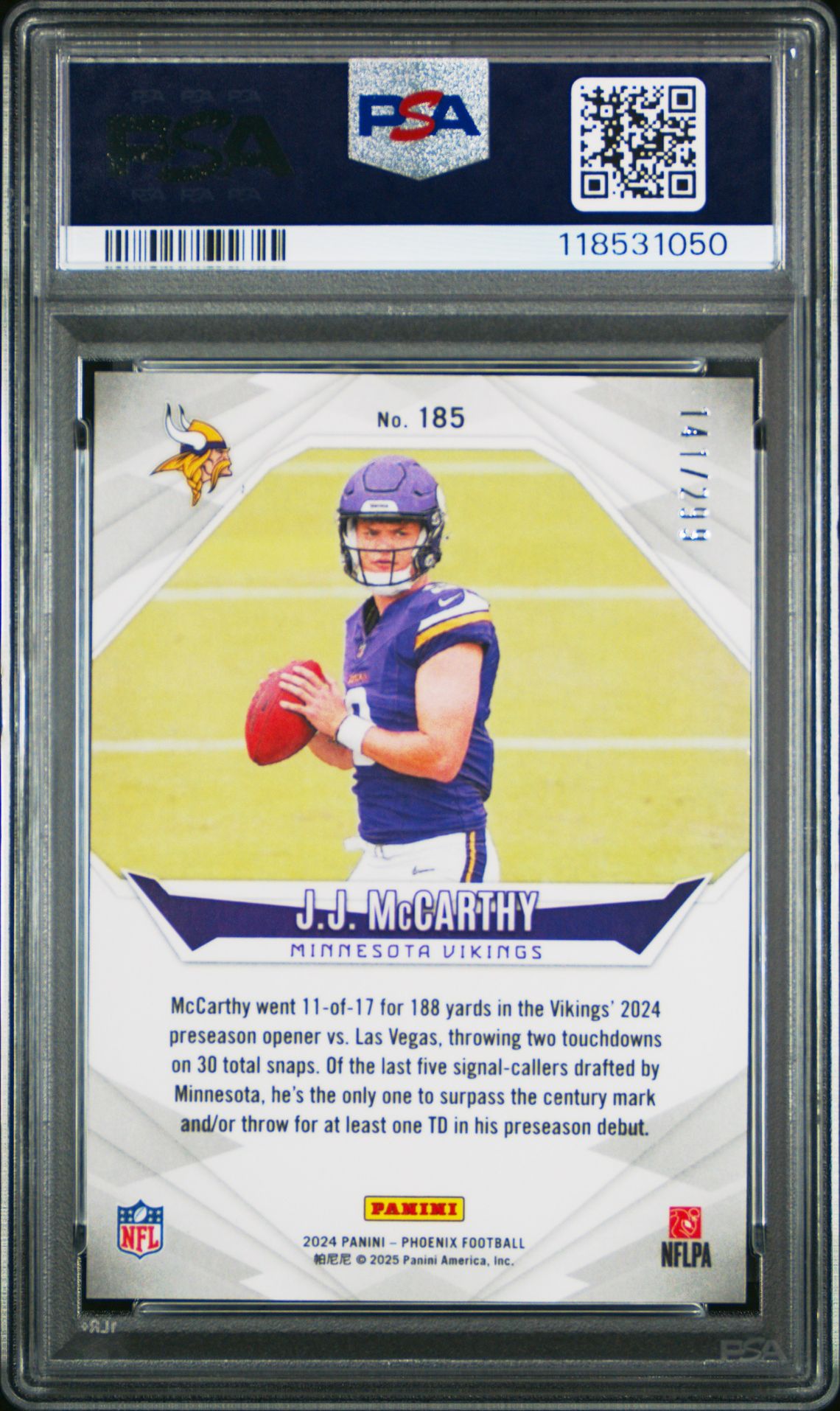 2024 Panini Phoenix Jj Mccarthy #185 (Red Fade) Mint 9 back