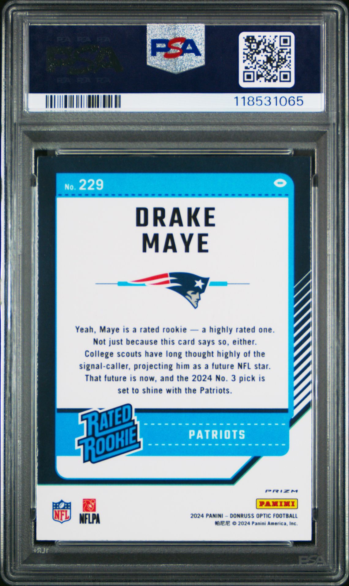 2024 Panini Donruss Optic Drake Maye #229 (Pink) Mint 9 back