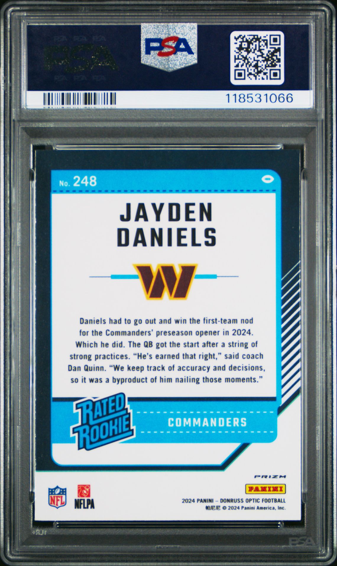 2024 Panini Donruss Optic Jayden Daniels #248 (Holo) Mint 9 back