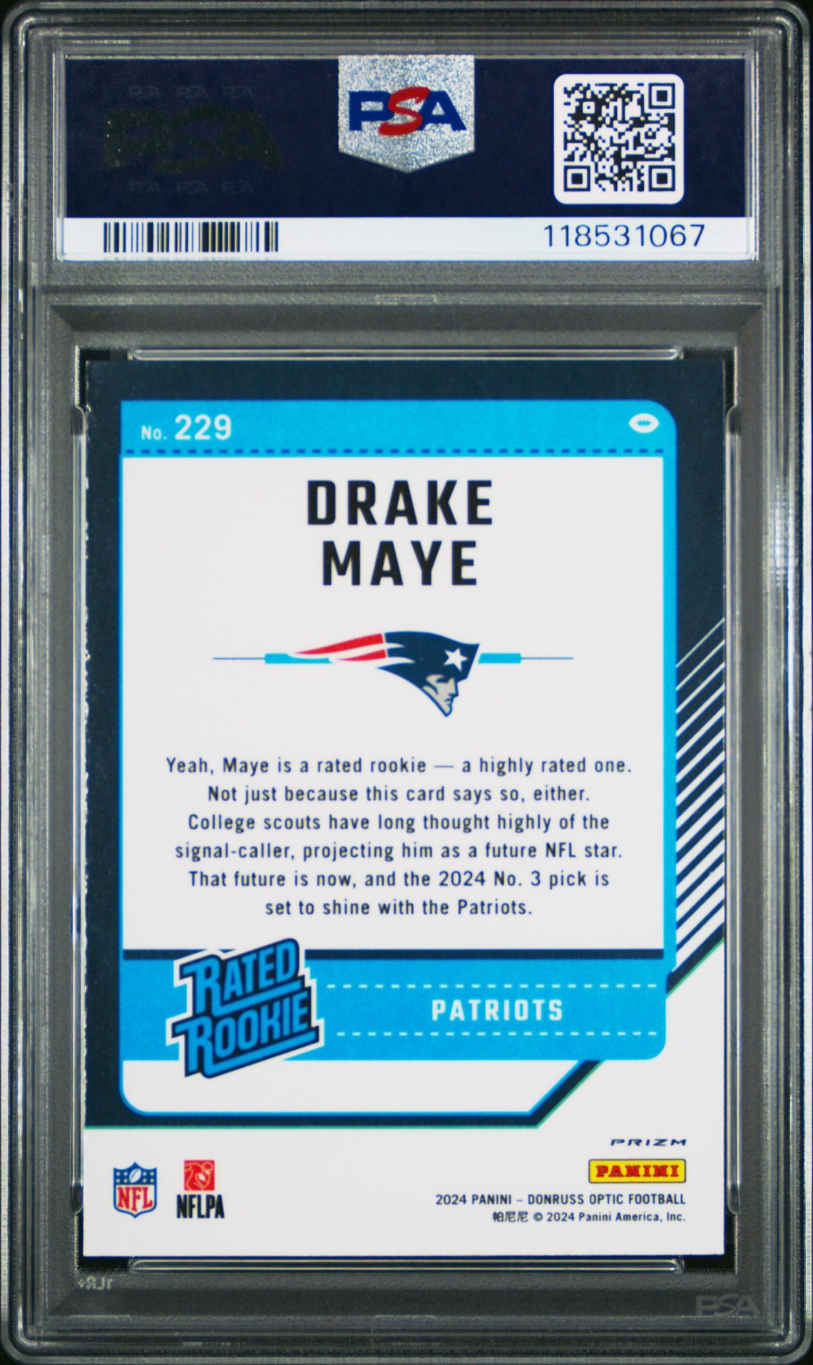 2024 Panini Donruss Optic Drake Maye #229 (Holo) Mint 9 back