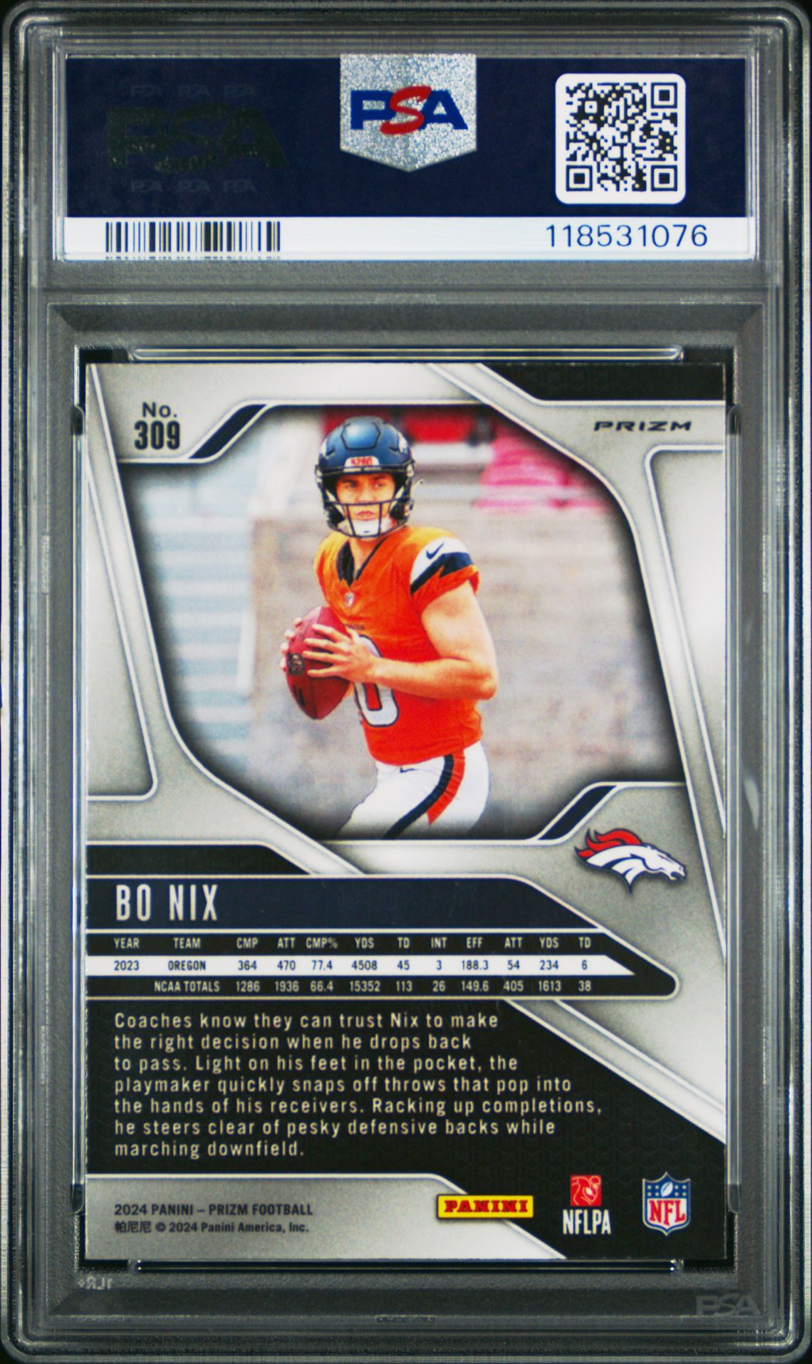 2024 Panini Prizm Bo Nix #309 (Lazer Prizm) Mint 9 back