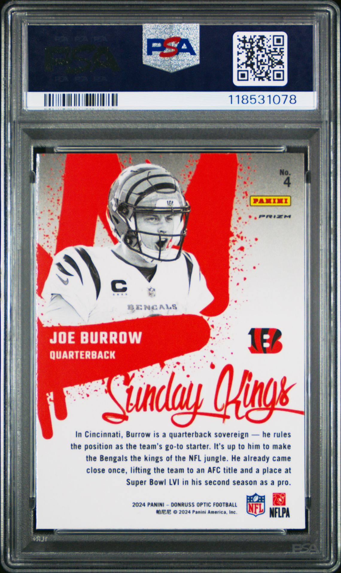 2024 Panini Donruss Optic Sunday Kings Joe Burrow #4 Gem Mt 10 back