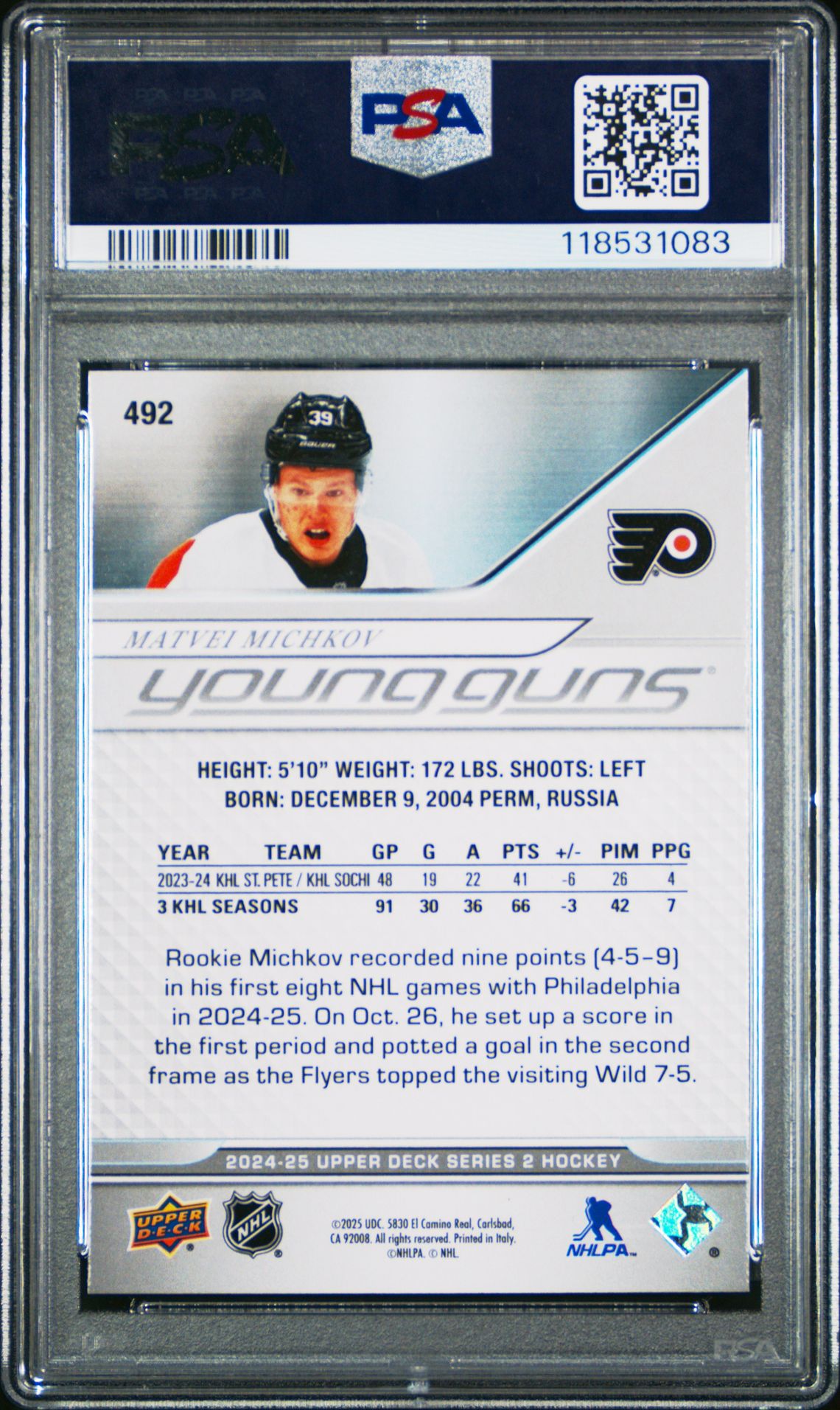 2024 Upper Deck Matvei Michkov #492 Mint 9 back