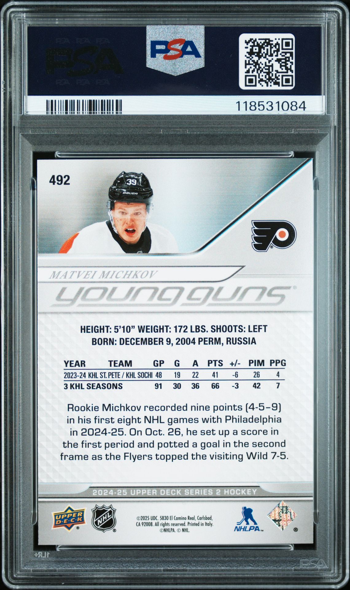 2024 Upper Deck Matvei Michkov #492 Mint 9 back