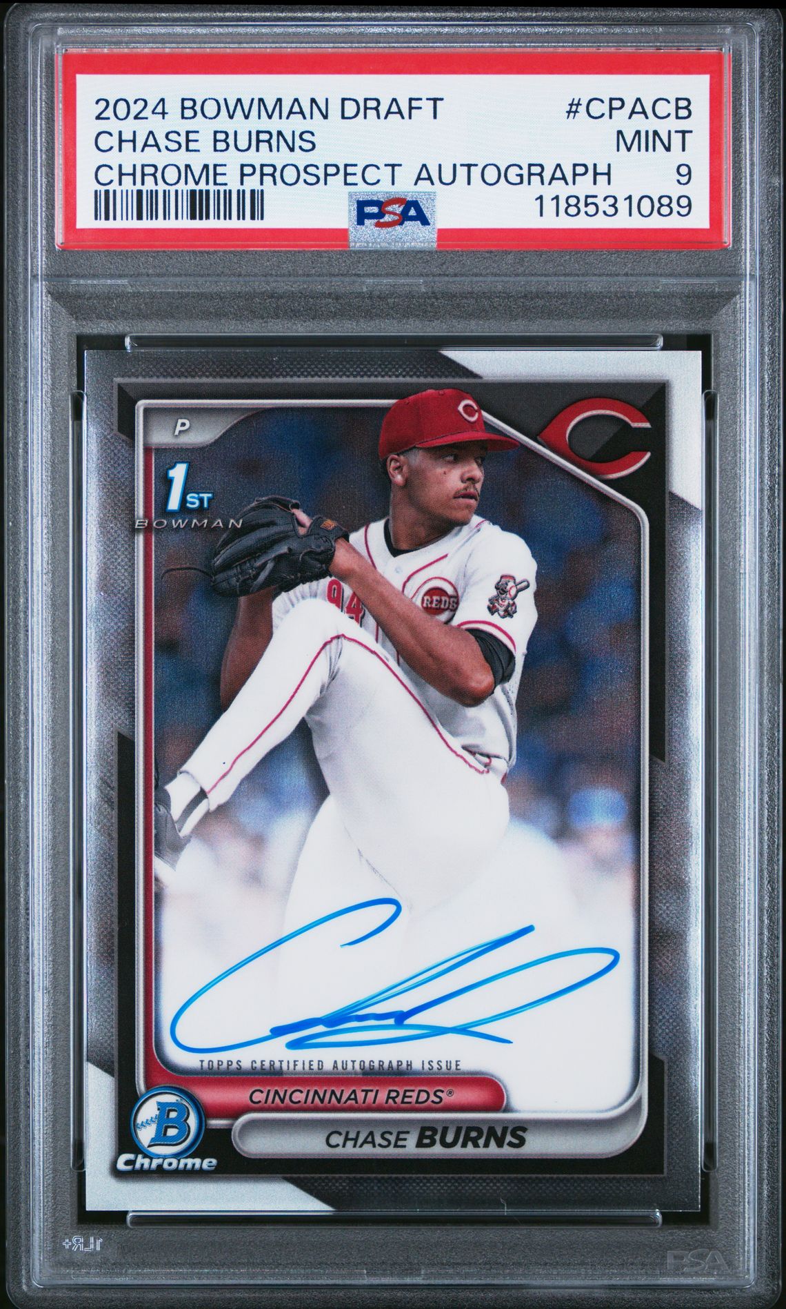 2024 Bowman Draft Chrome Prospect Autographs Chase Burns #Cpacb Mint 9 front