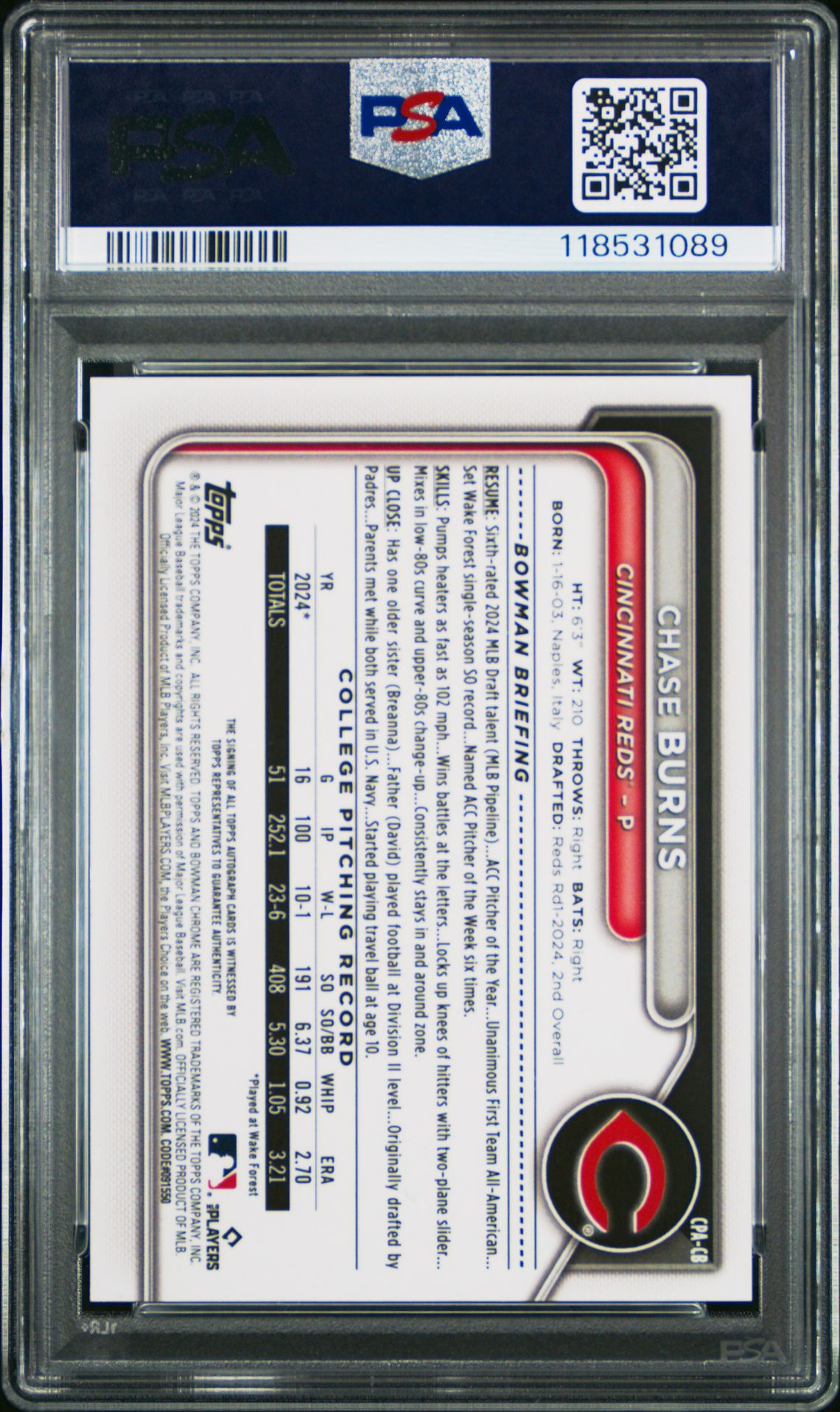 2024 Bowman Draft Chrome Prospect Autographs Chase Burns #Cpacb Mint 9 back