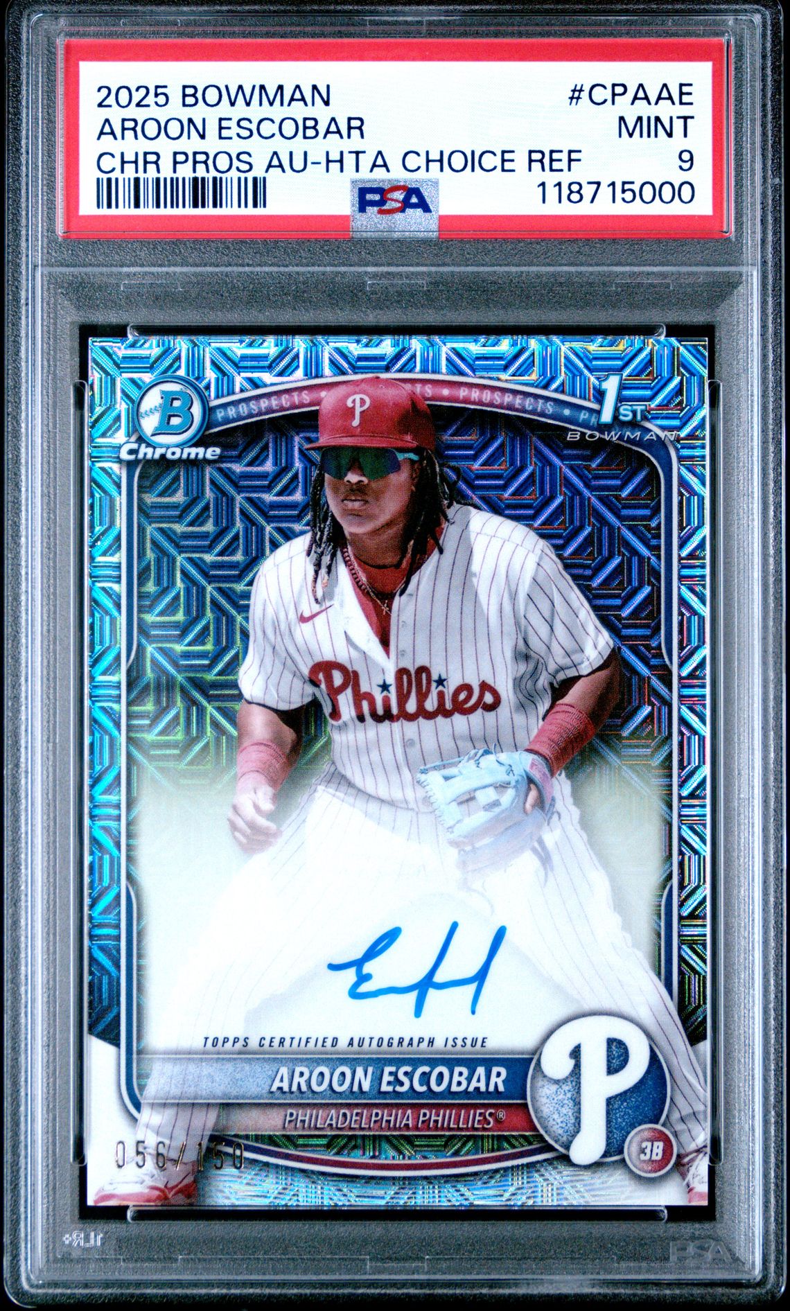 2025 Bowman BOWMAN CHROME PROSPECT AUTOGRAPHS CHR PROS AU-HTA CHOICE REF #CPAAE Aroon Escobar front
