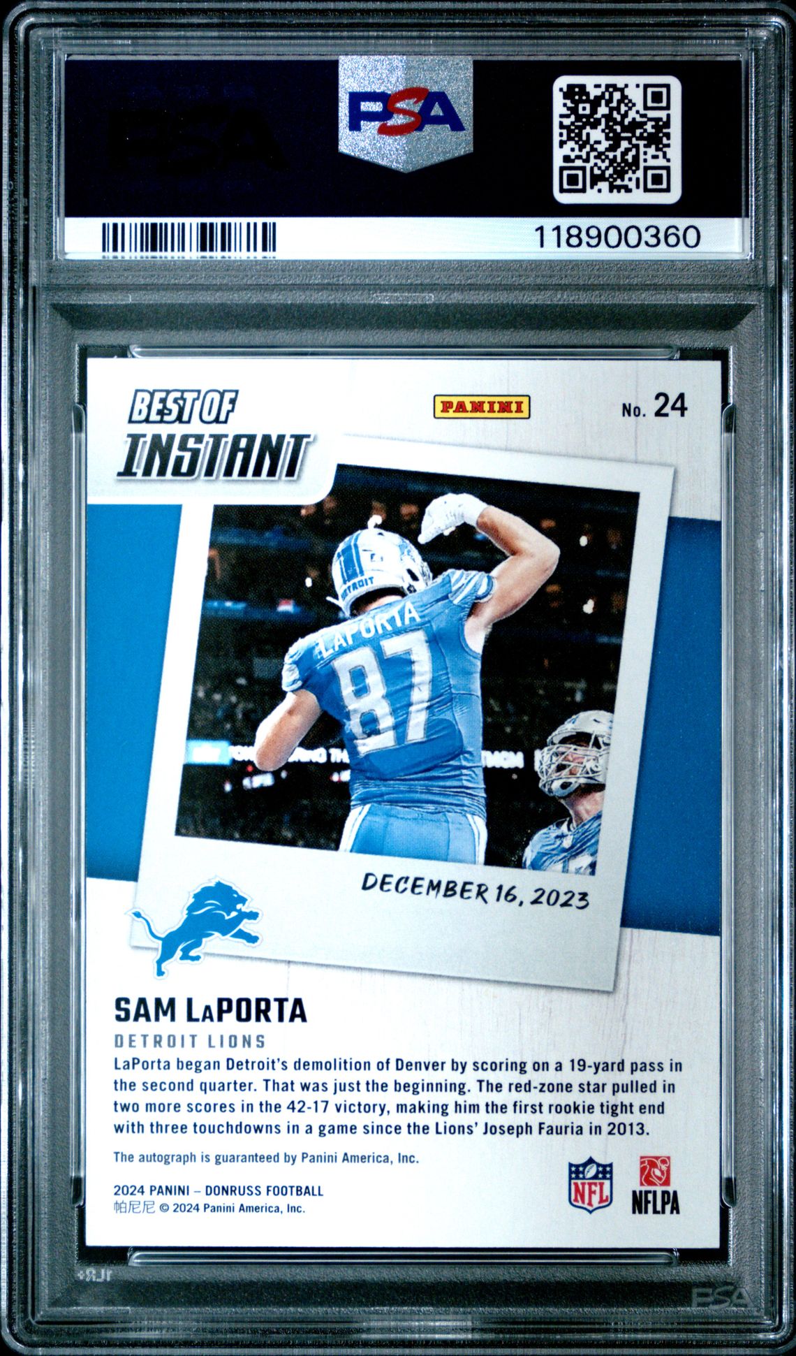 2024 Panini Donruss Best Of Instant Autographs Sam Laporta #24 Mint 9 back