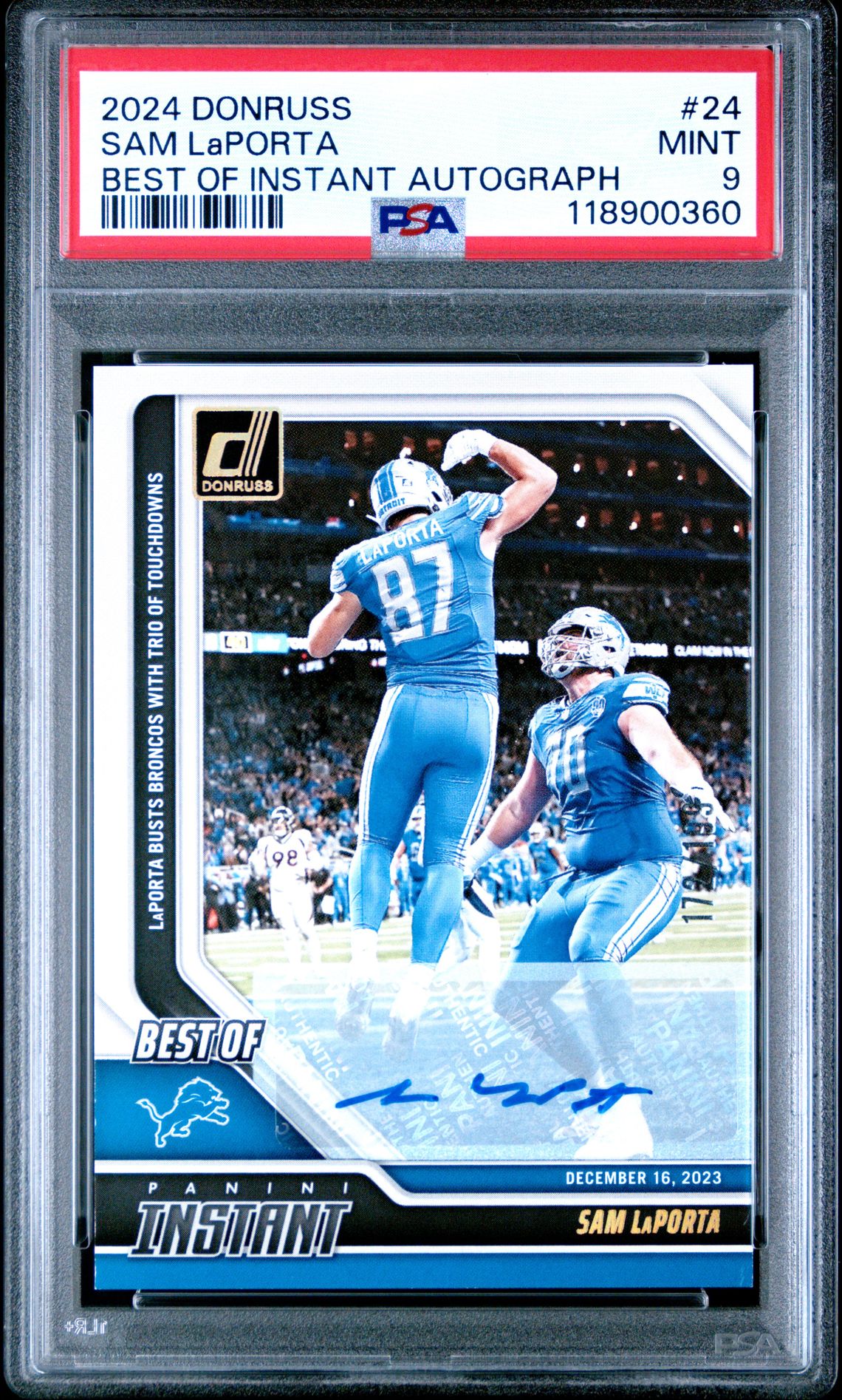 2024 Panini Donruss Best Of Instant Autographs Sam Laporta #24 Mint 9 front