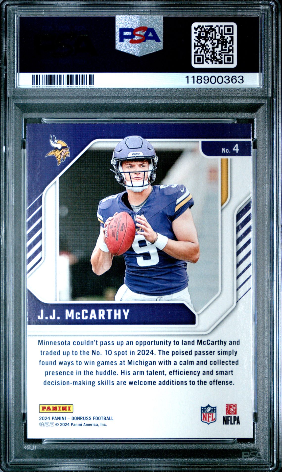 2024 Panini Donruss The Elite Series Rookies Jj Mccarthy #4 Gem Mt 10 back