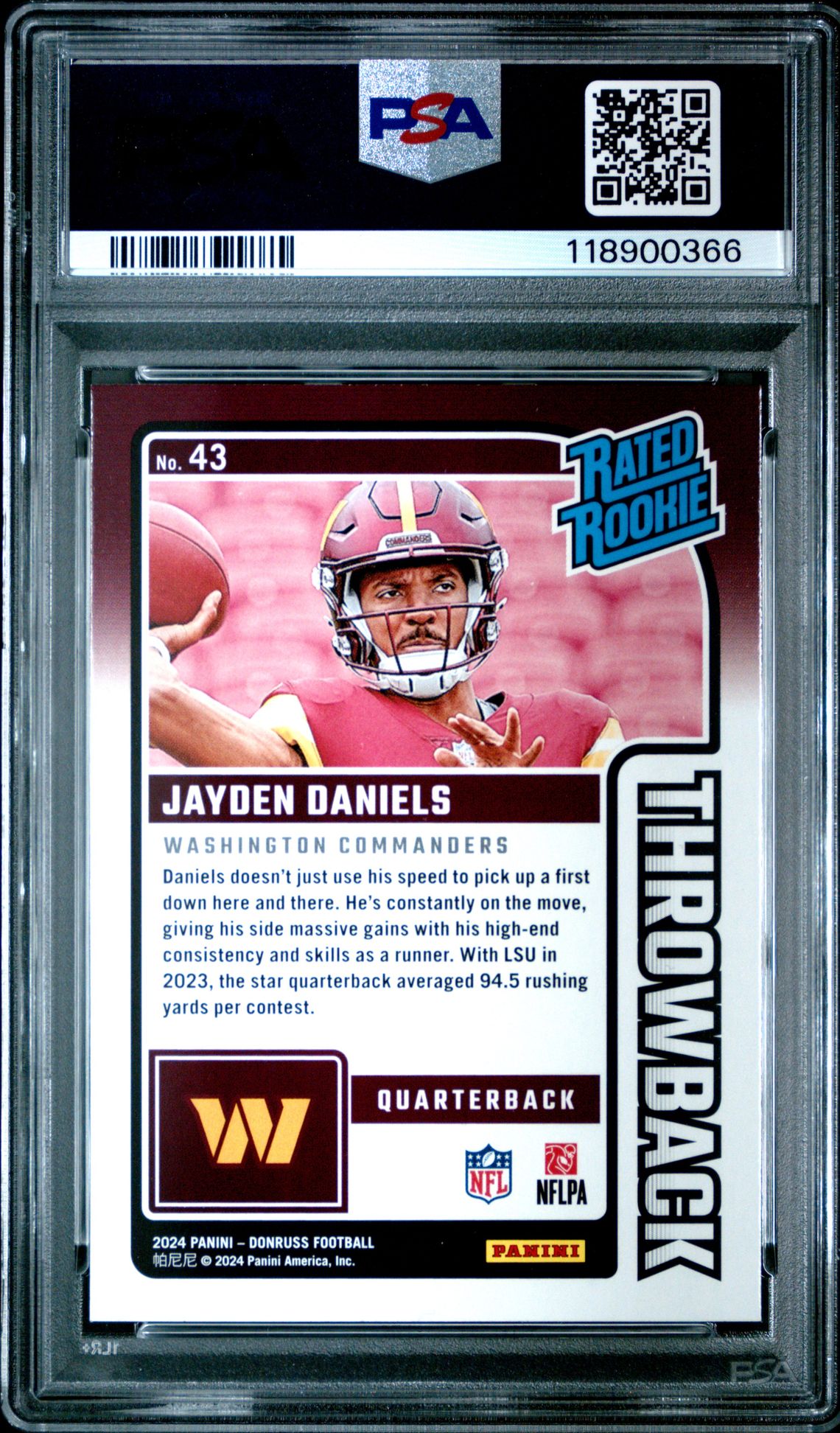 2024 Panini Donruss Rated Rookies Throwback Jayden Daniels #43 Mint 9 back