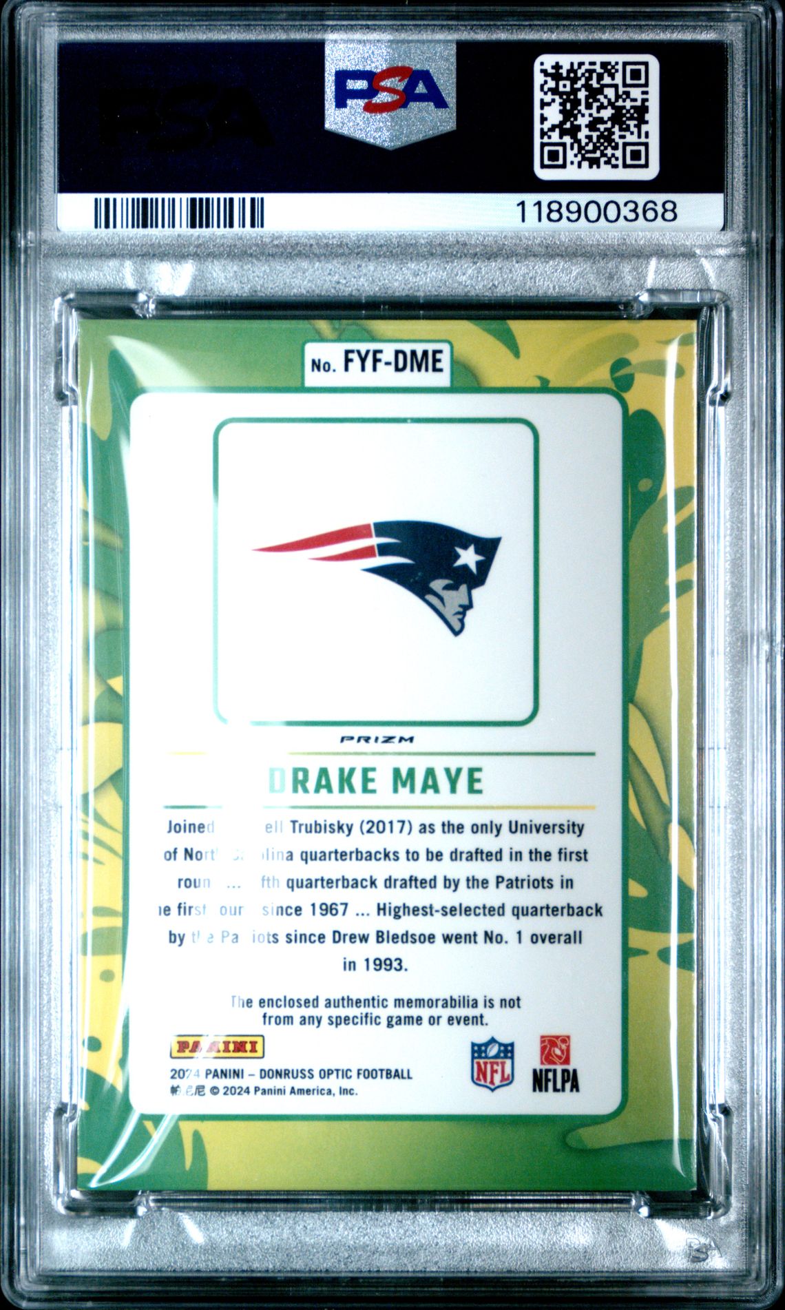 2024 Panini Donruss Optic First Year Fresh Relic Drake Maye #Fyfdme Mint 9 back