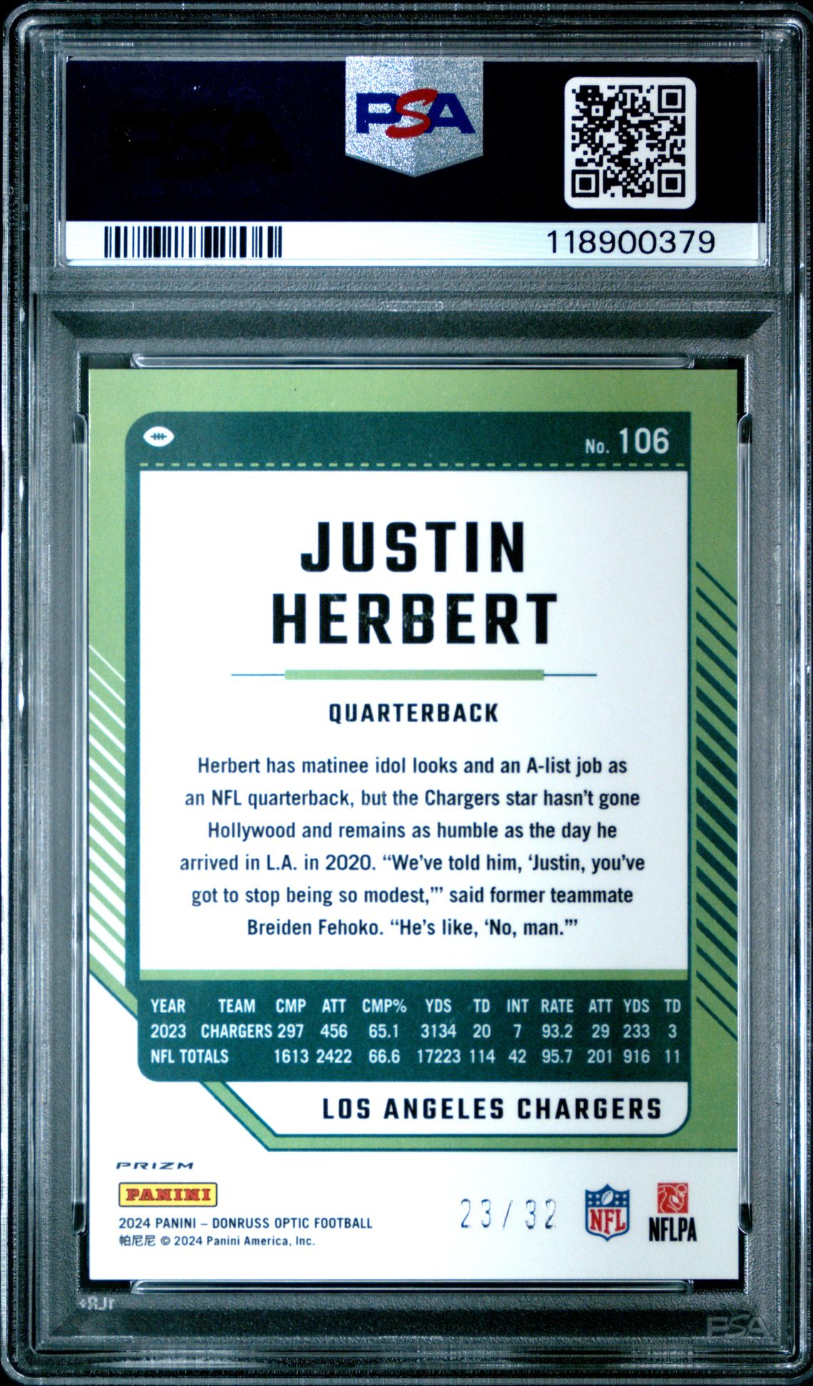 2024 Panini Donruss Optic Justin Herbert #106 (Team Logo) Mint 9 back