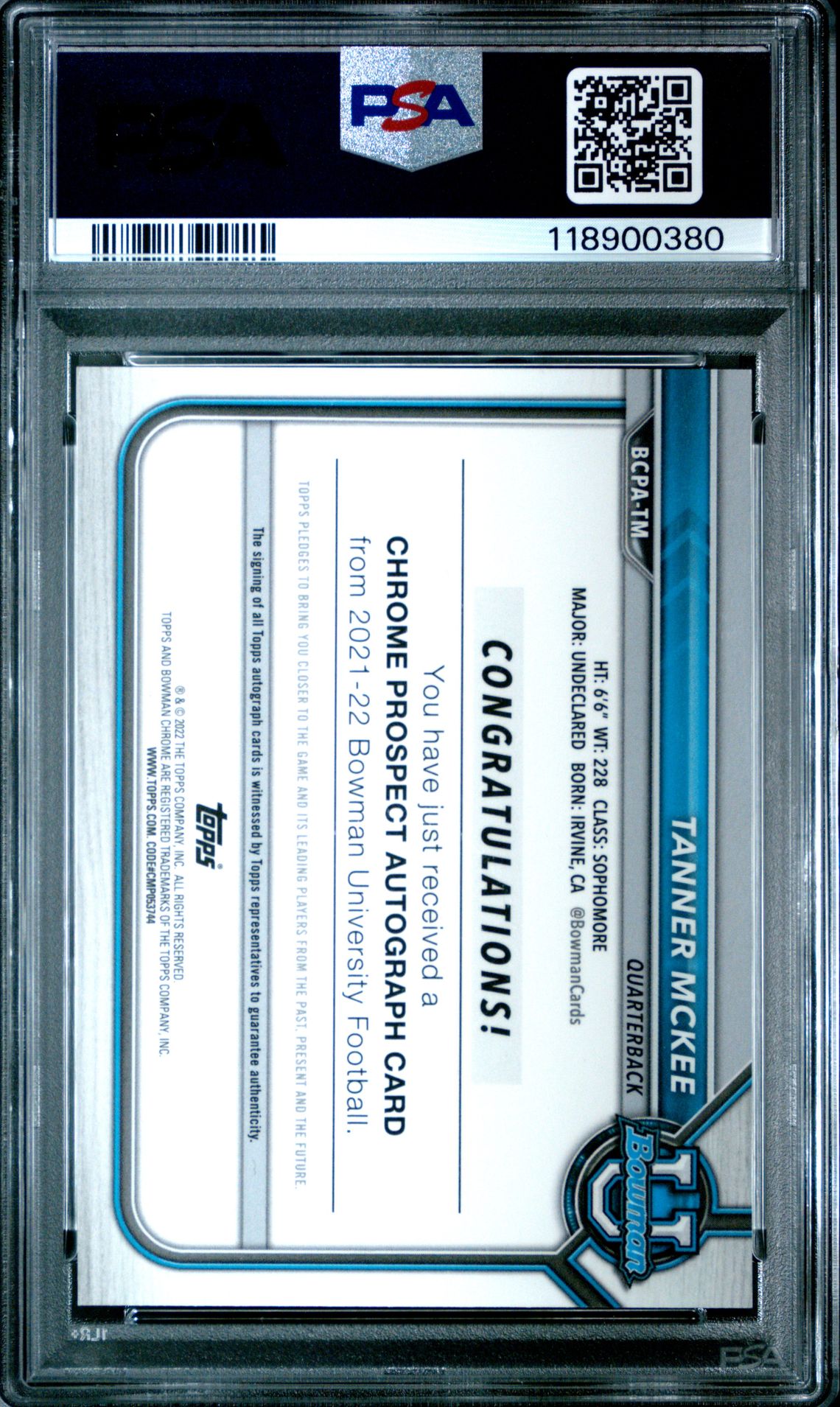 2021 Bowman University Chrome Prospect Autographs Tanner Mckee #Tm (Chr.pros.auto-Lava Ref.) Mint 9 back