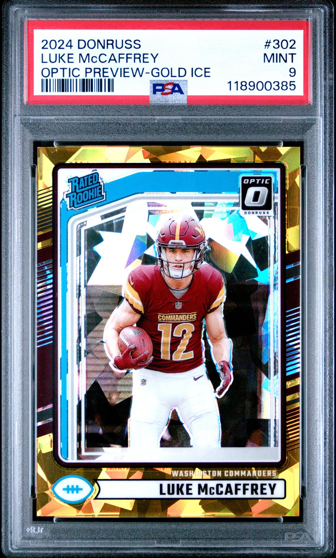 2024 Panini Donruss Luke Mccaffrey #302 (Optic Preview-Gold Ice) Mint 9 front