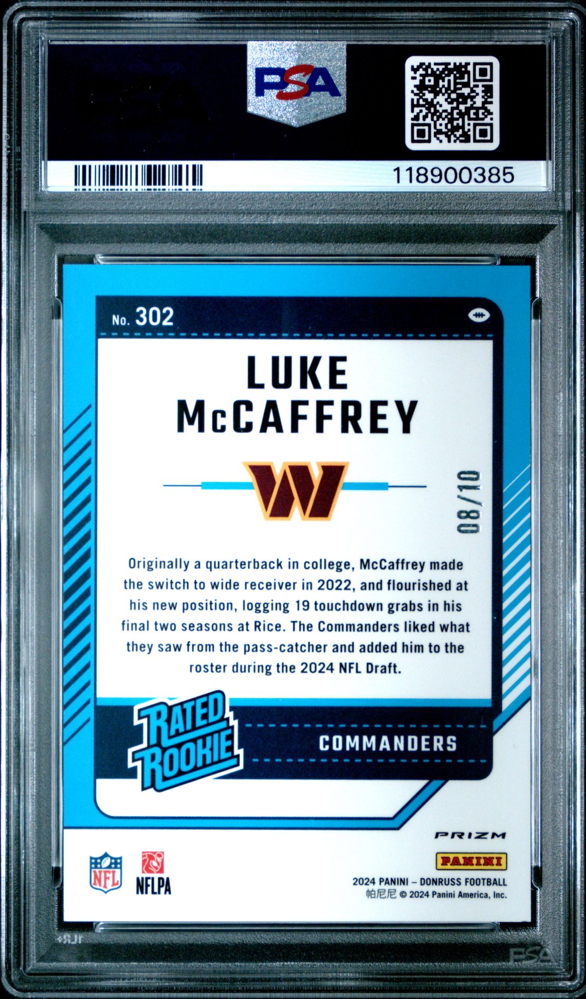 2024 Panini Donruss Luke Mccaffrey #302 (Optic Preview-Gold Ice) Mint 9 back
