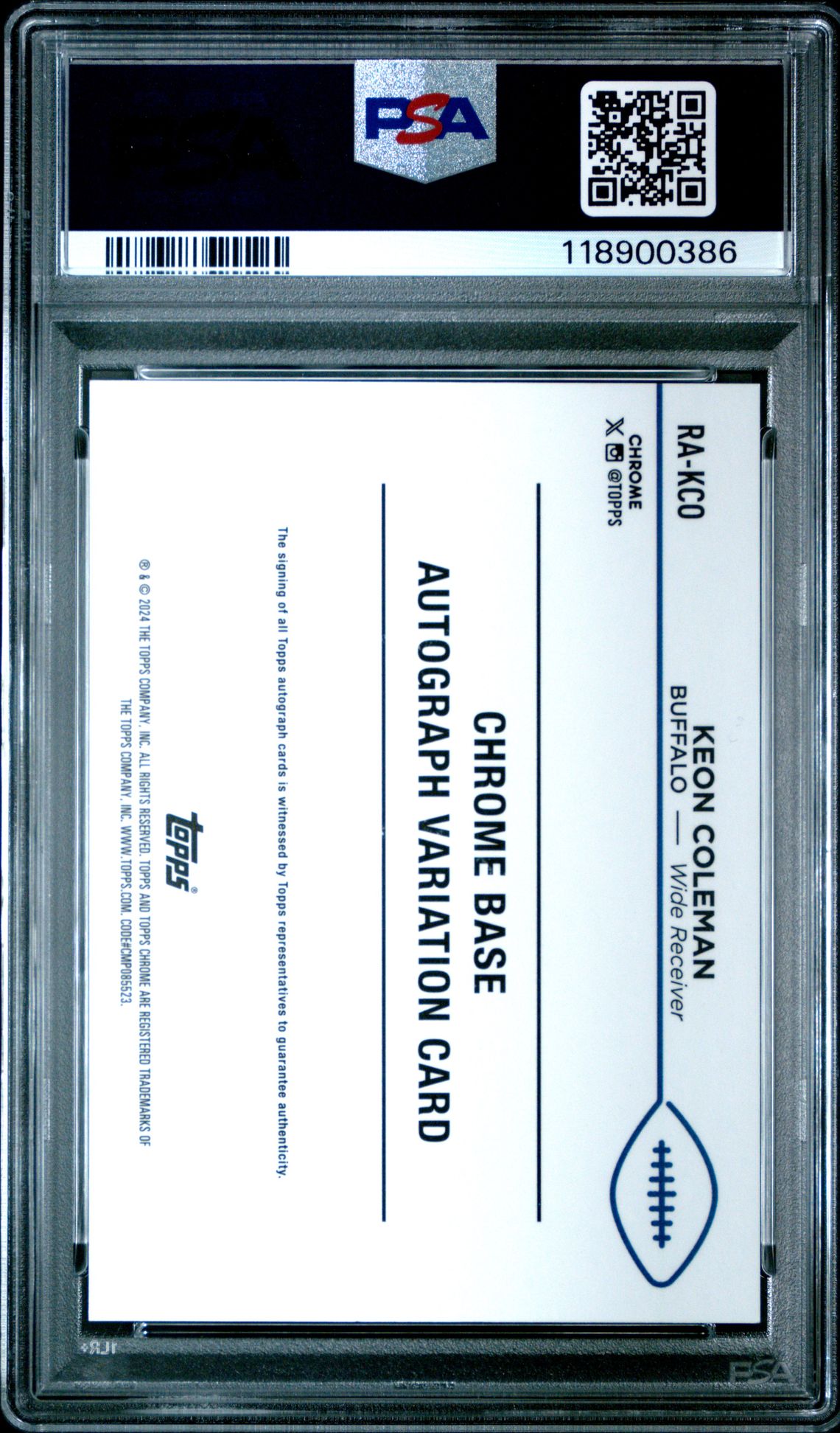 2024 Topps Chrome Rookie Autographs Variations Keon Coleman #Rakco (Rookie Auto-Blue Ref) Gem Mt 10 back