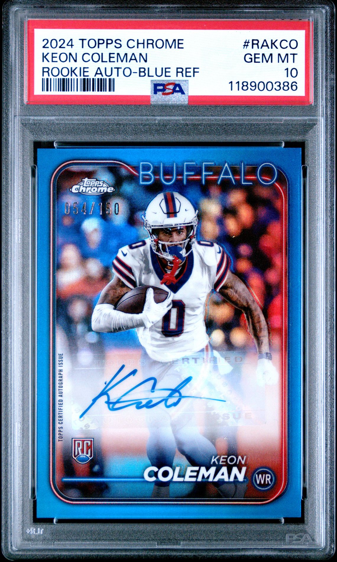 2024 Topps Chrome Rookie Autographs Variations Keon Coleman #Rakco (Rookie Auto-Blue Ref) Gem Mt 10 front