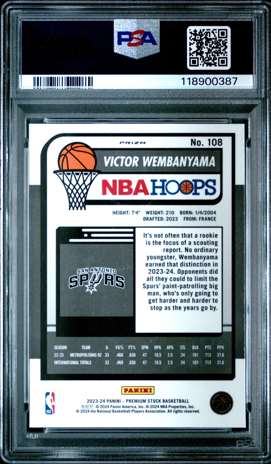 2023 Panini Hoops Premium Stock Victor Wembanyama #108 (Ice Prizm) Mint 9 back