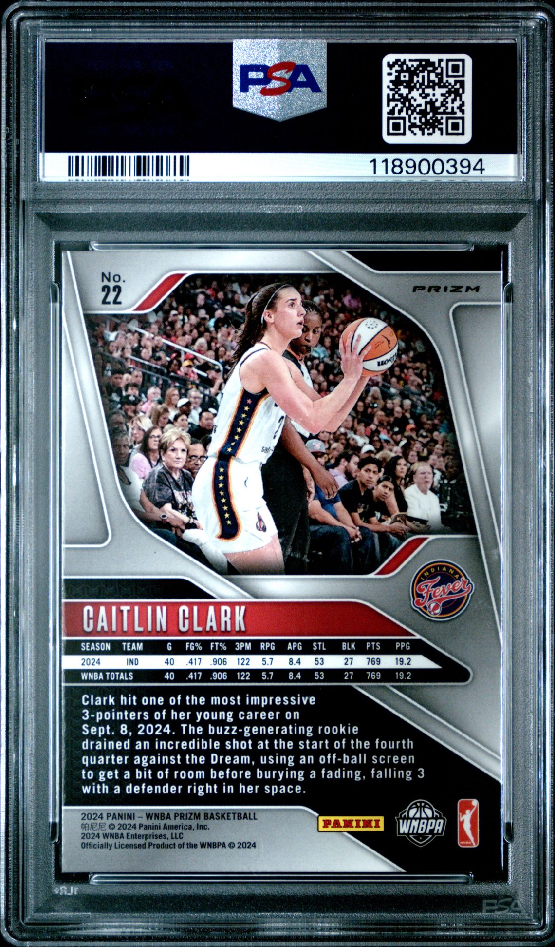 2024 Panini Prizm Wnba Caitlin Clark #22 (Ice) Gem Mt 10 back