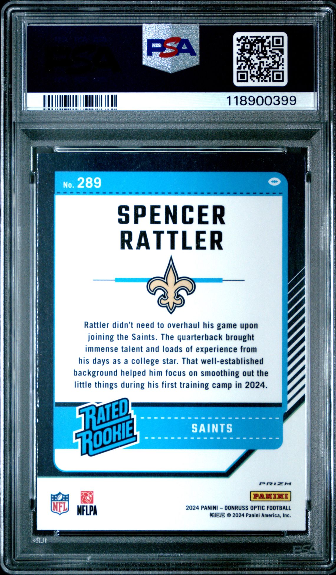 2024 Panini Donruss Optic Spencer Rattler #289 (Blue Glitter) Gem Mt 10 back