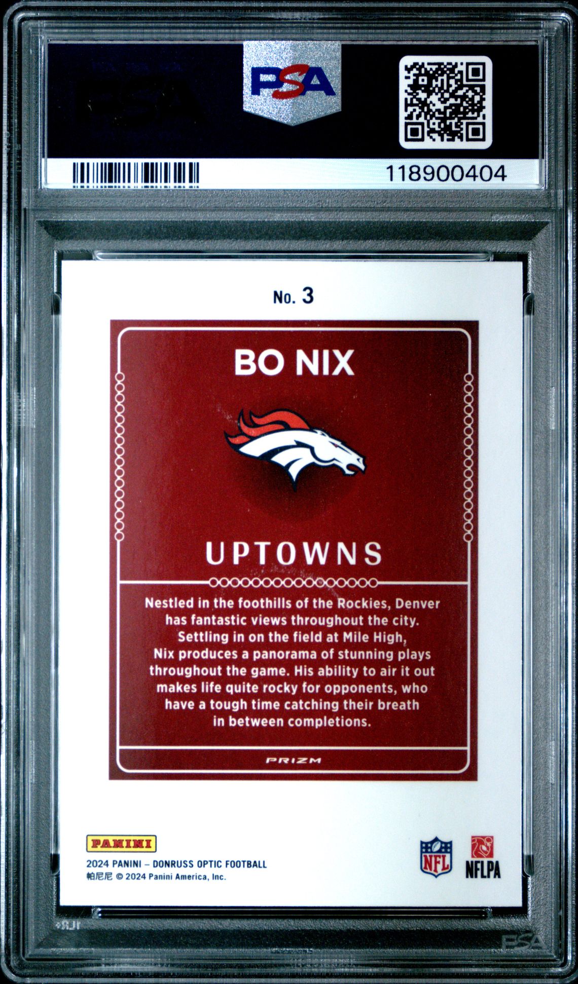 2024 Panini Donruss Optic Uptowns Bo Nix #3 Gem Mt 10 back
