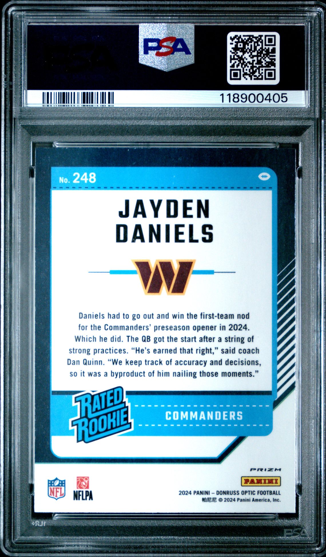 2024 Panini Donruss Optic Jayden Daniels #248 (Holo) Gem Mt 10 back