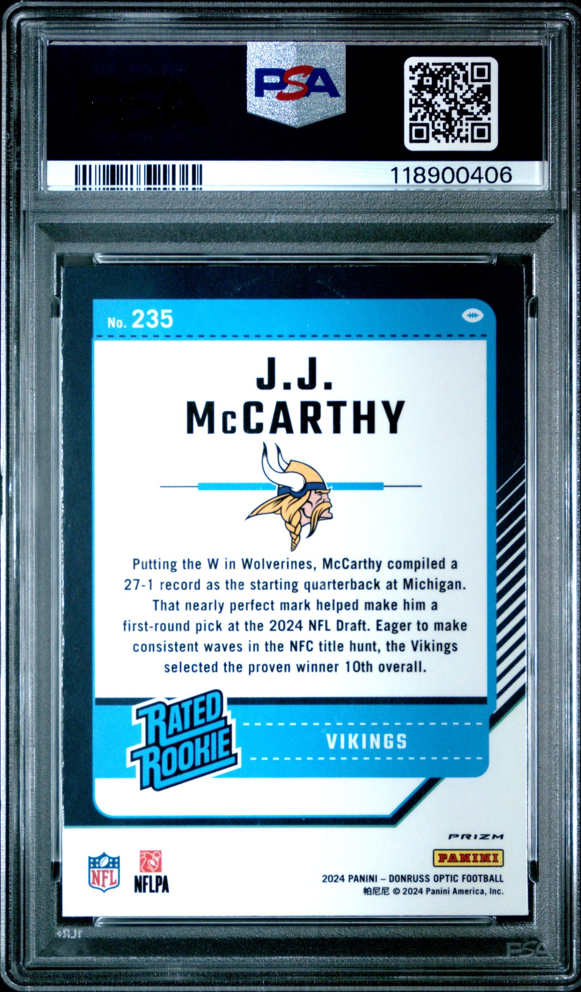 2024 Panini Donruss Optic Jj Mccarthy #235 (Green Hyper) Gem Mt 10 back