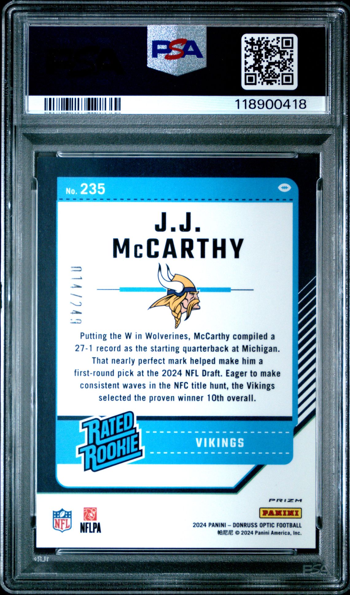 2024 Panini Donruss Optic Jj Mccarthy #235 (Orange) Mint 9 back