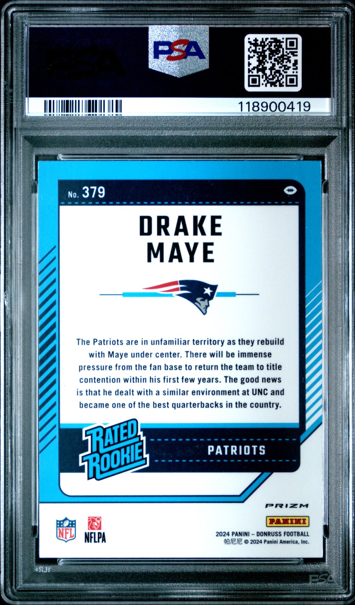 2024 Panini Donruss Drake Maye #379 (Optic Preview-Pink) Gem Mt 10 back