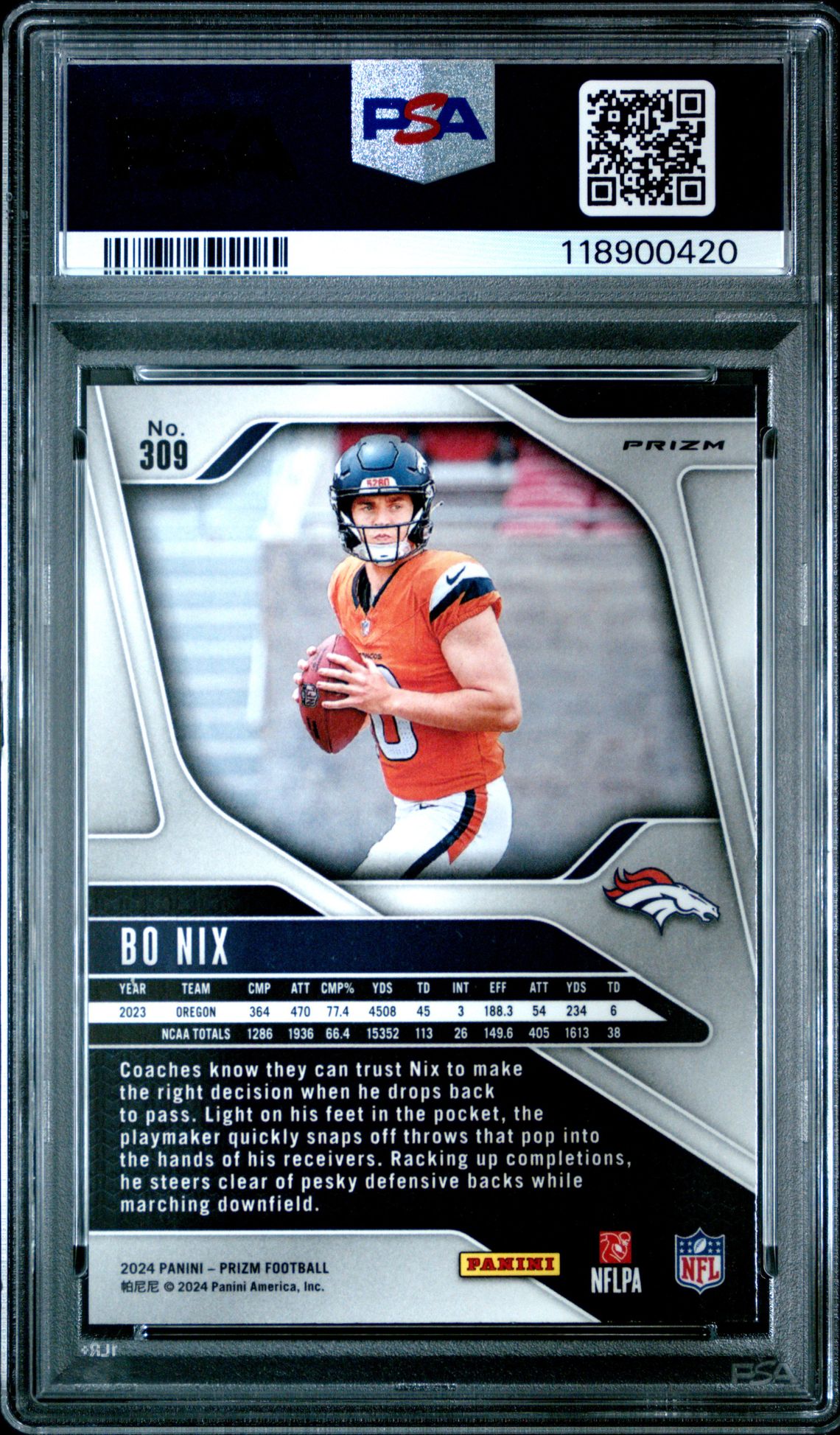 2024 Panini Prizm Bo Nix #309 (Disco Prizm) Mint 9 back